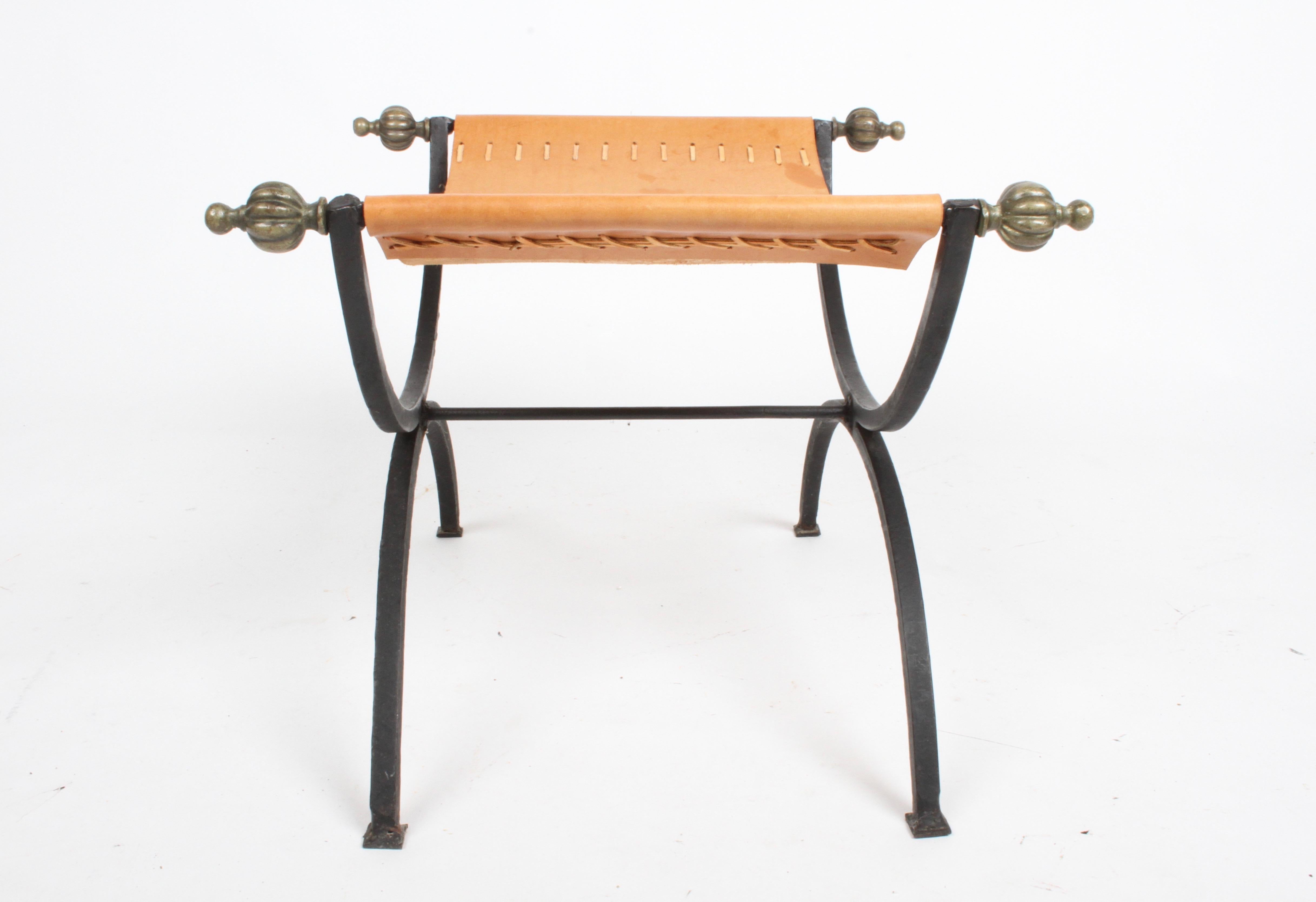 Mid-20th Century Mid-Century Italian Wrought Iron, Leather & Bronze Savonarola X Bench or Stool  For Sale