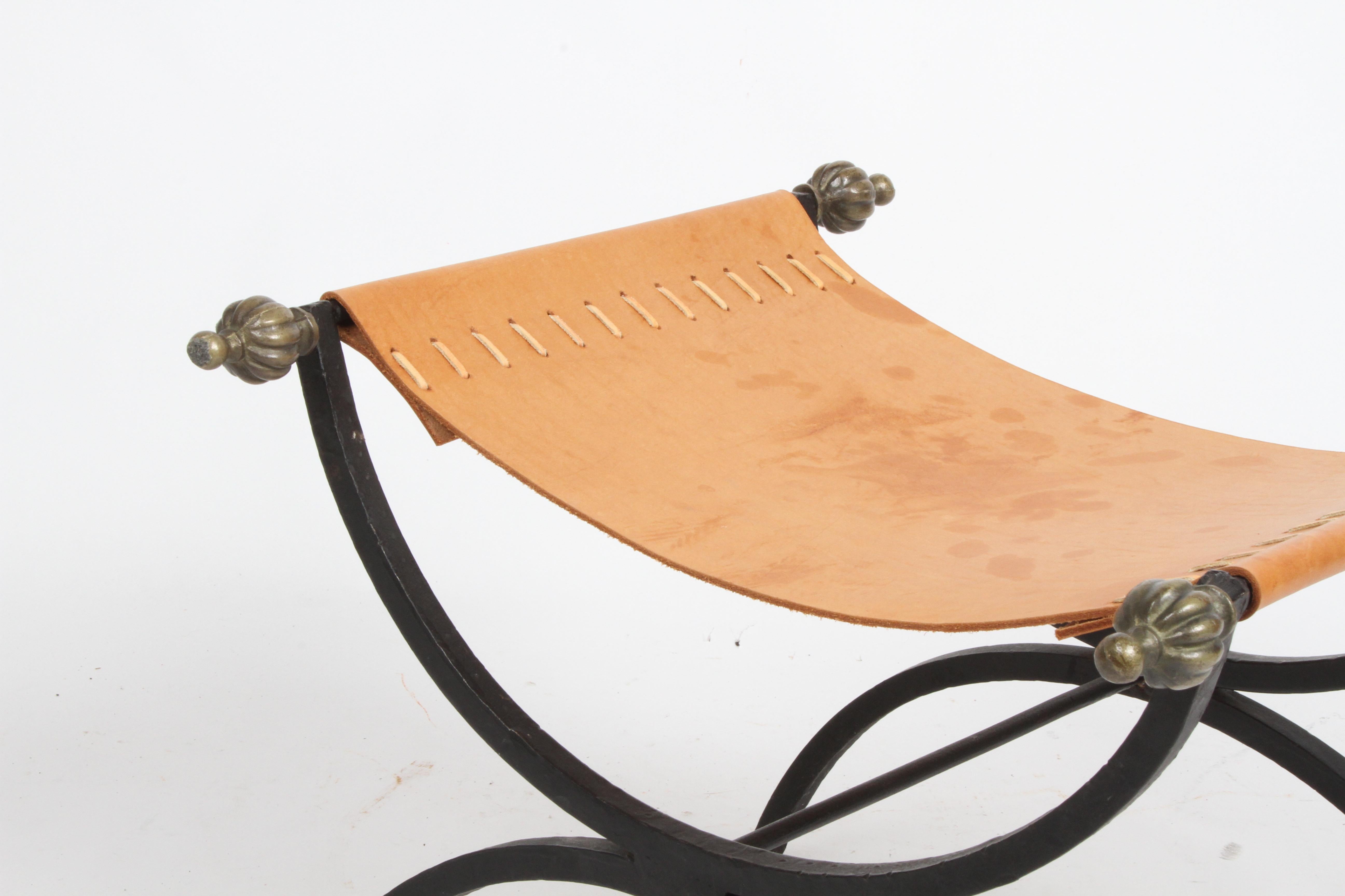 Mid-Century Italian Wrought Iron, Leather & Bronze Savonarola X Bench or Stool  For Sale 1