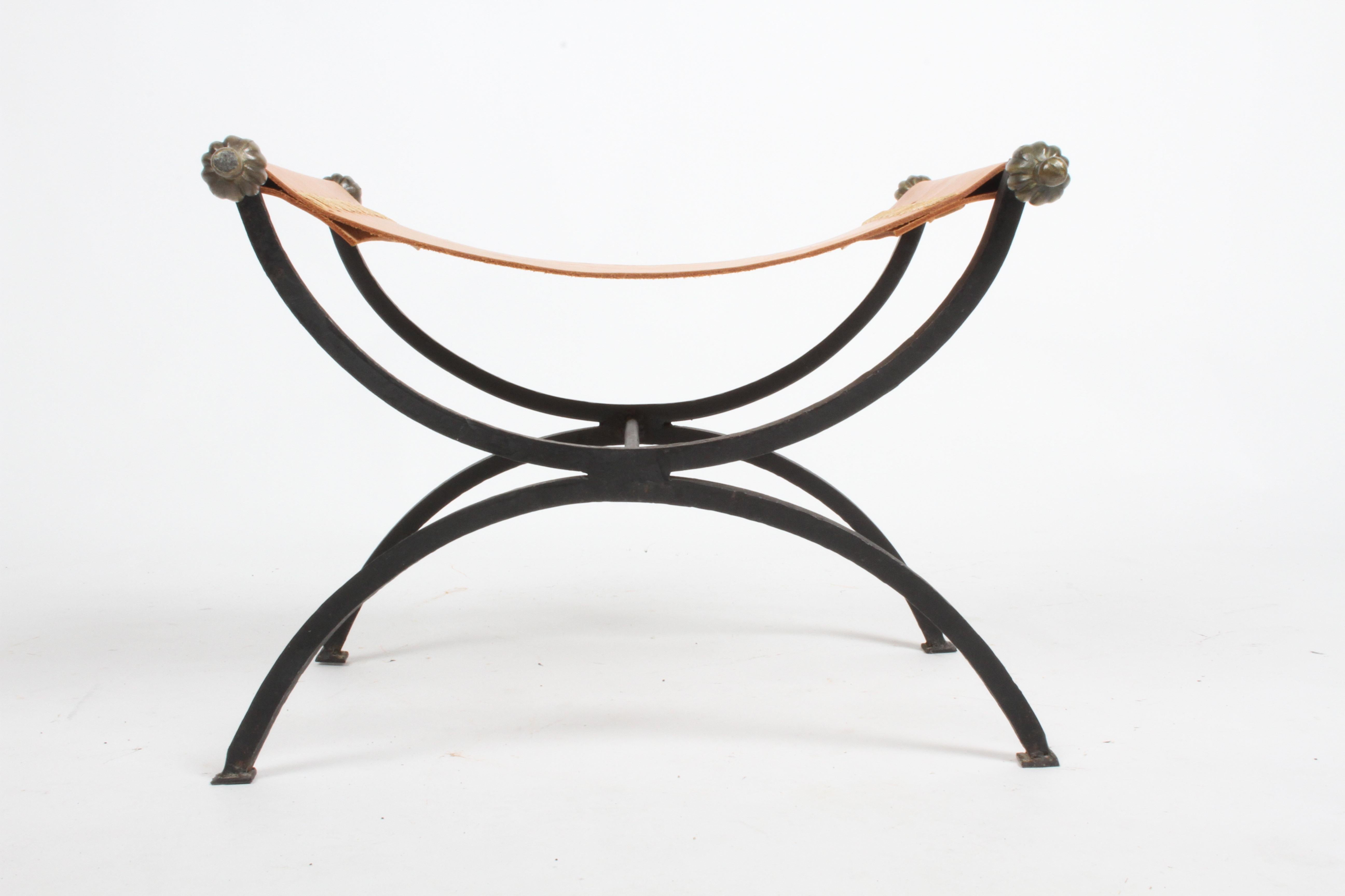 Mid-Century Italian Wrought Iron, Leather & Bronze Savonarola X Bench or Stool  For Sale 2
