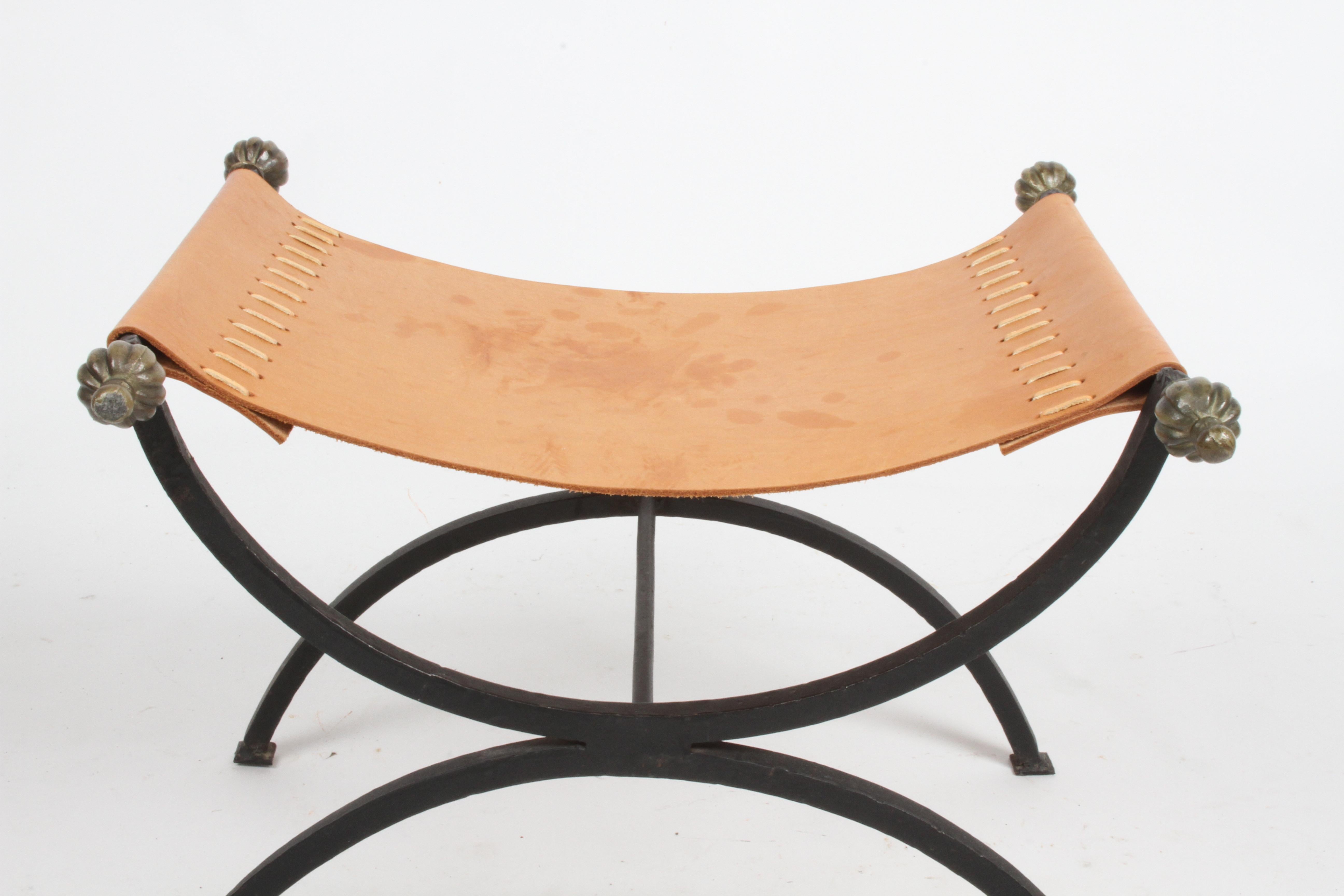 Mid-Century Italian Wrought Iron, Leather & Bronze Savonarola X Bench or Stool  For Sale 4