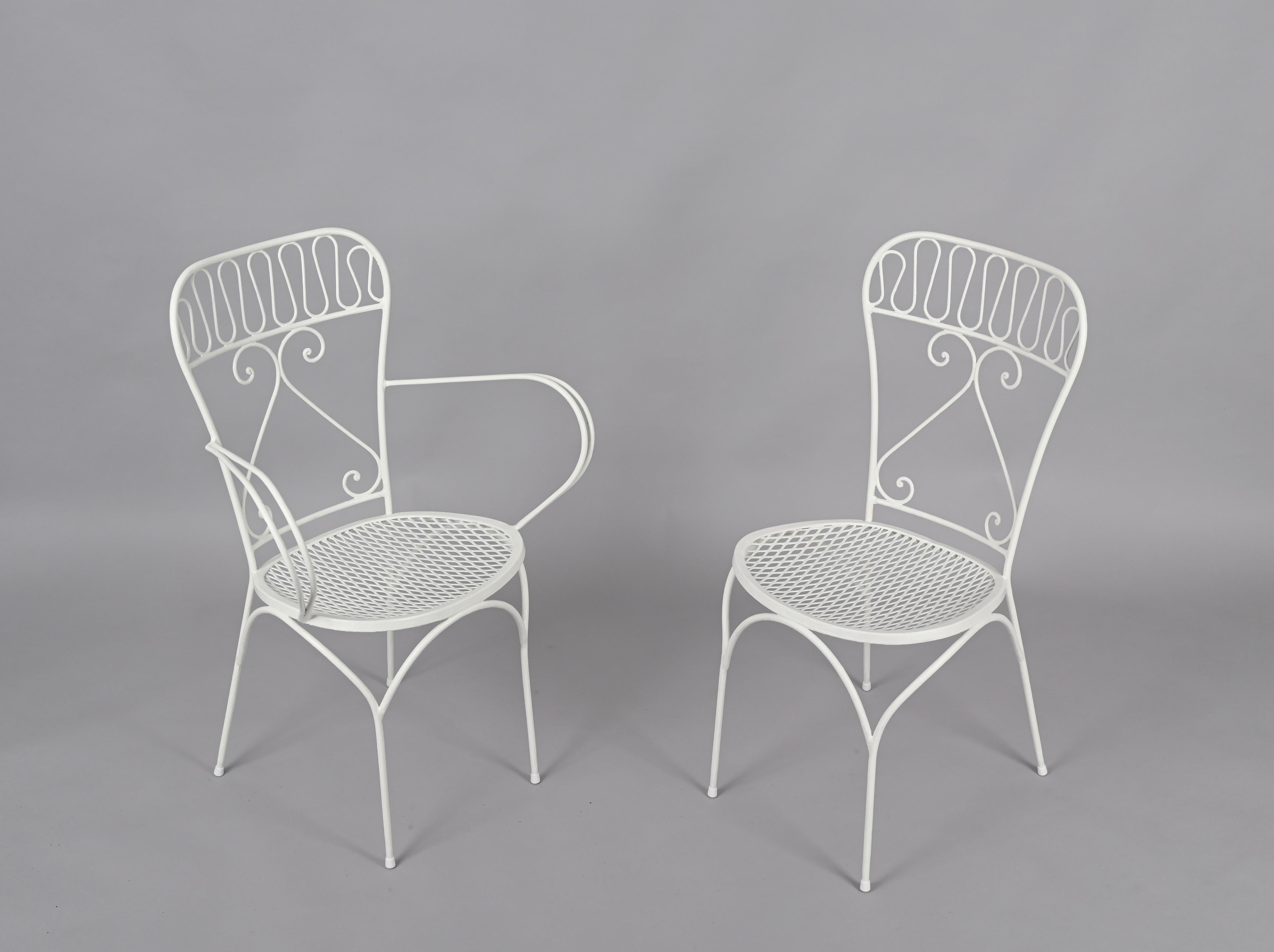 Ensemble en fer forgé italien du milieu du siècle, 4 chaises et table avec support pour plantes, années 1950 en vente 5