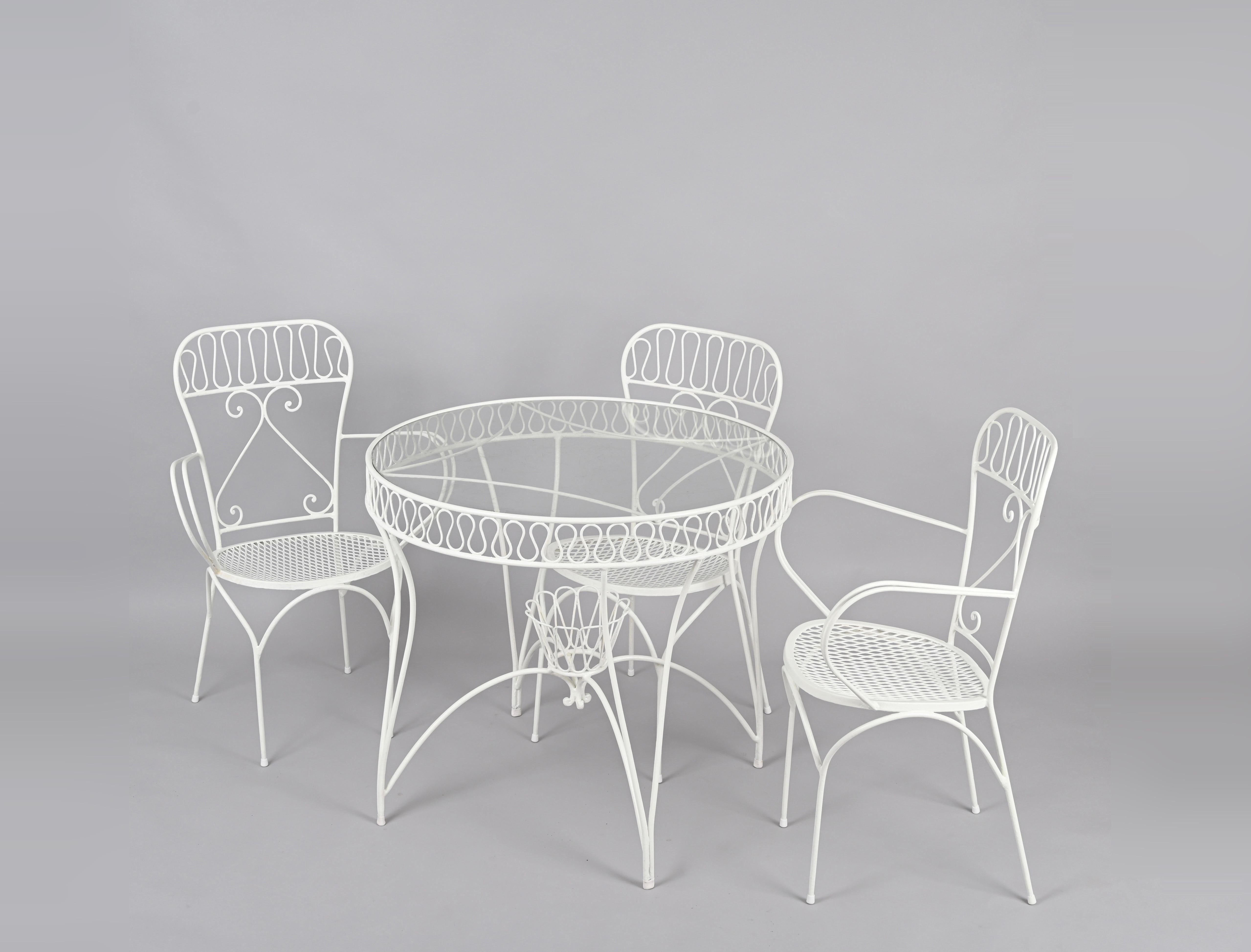 Ensemble en fer forgé italien du milieu du siècle, 4 chaises et table avec support pour plantes, années 1950 en vente 10