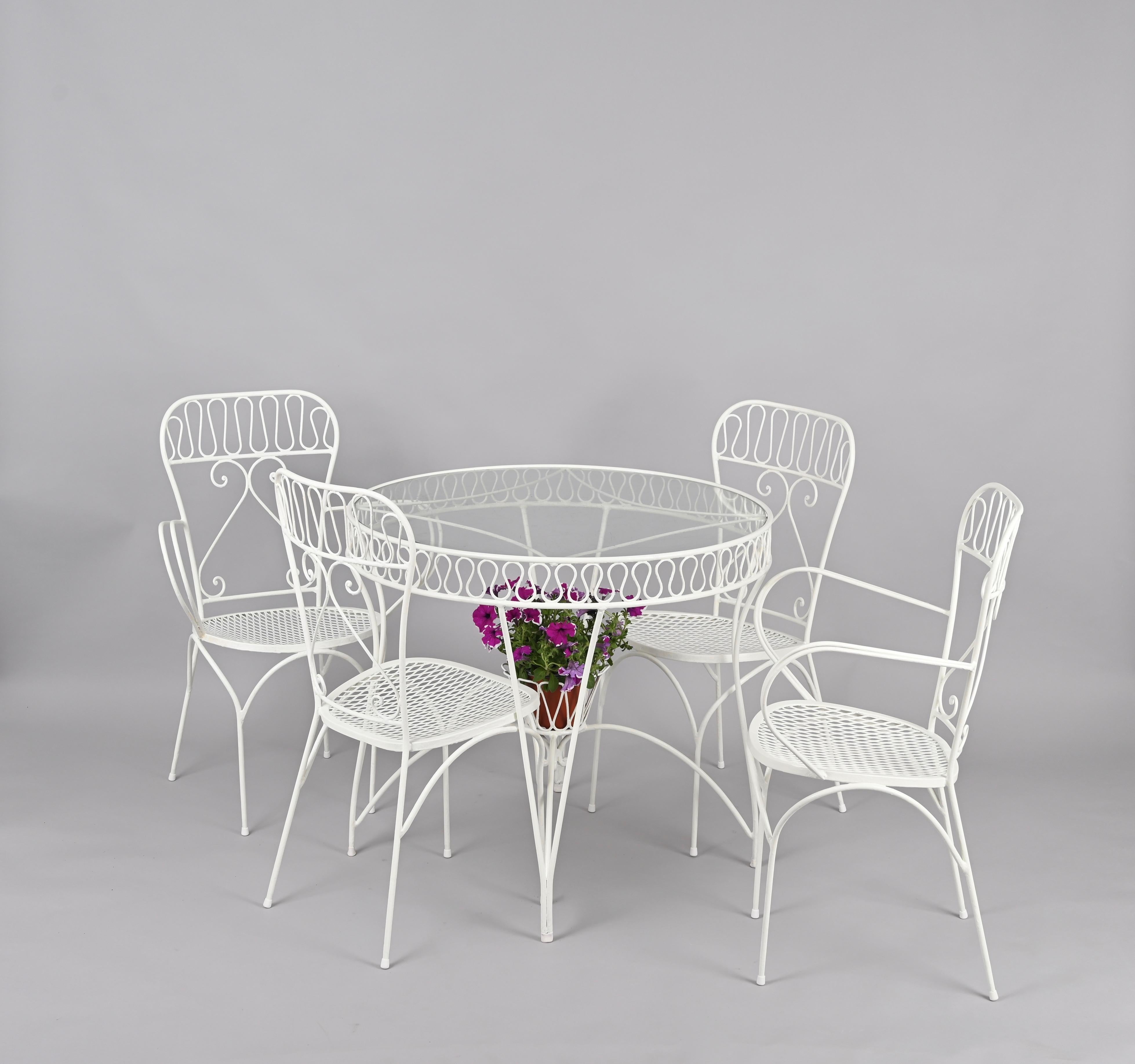 Ensemble en fer forgé italien du milieu du siècle, 4 chaises et table avec support pour plantes, années 1950 en vente 2