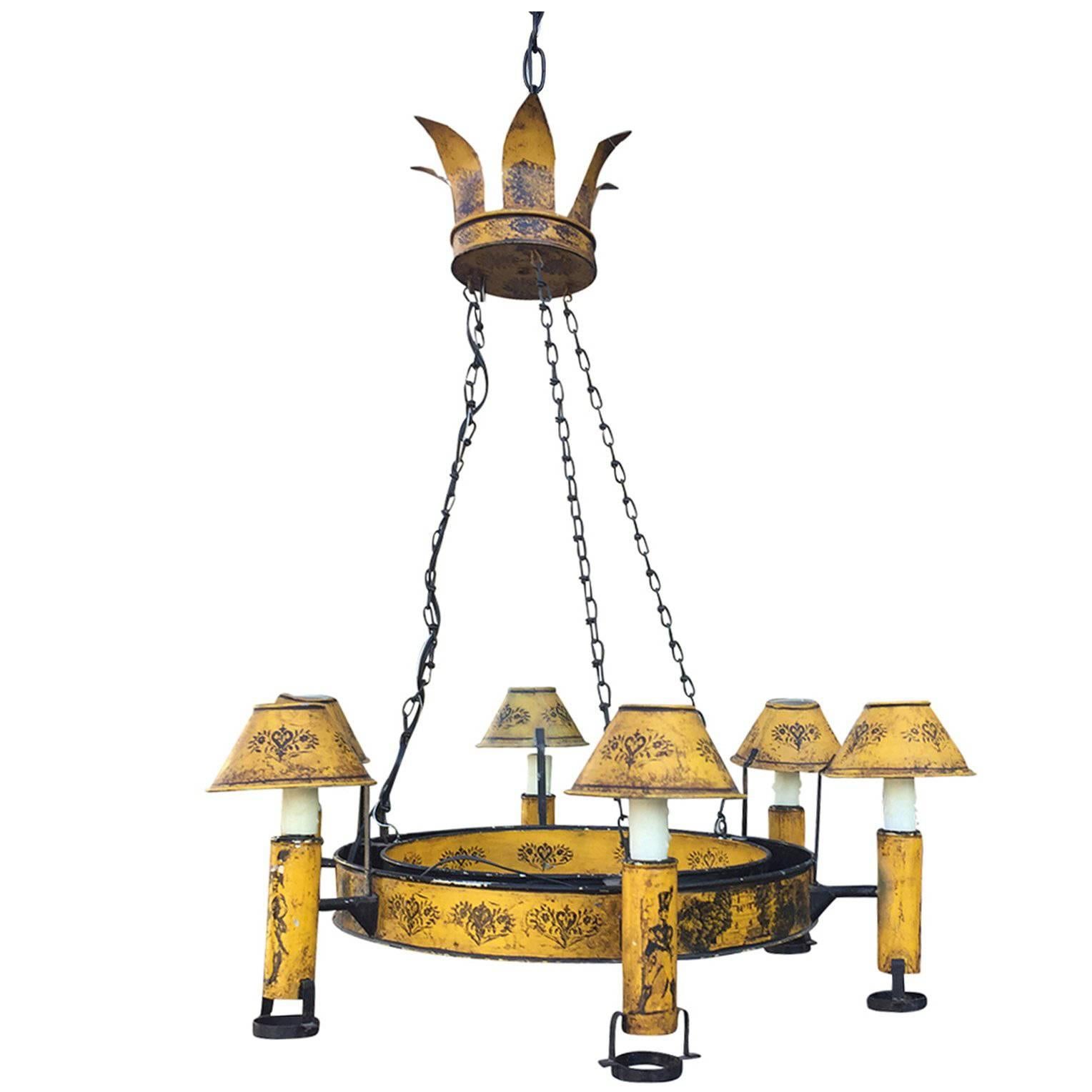 Mid-20th Century Italian Yellow Tole Transfer Chandelier For Sale