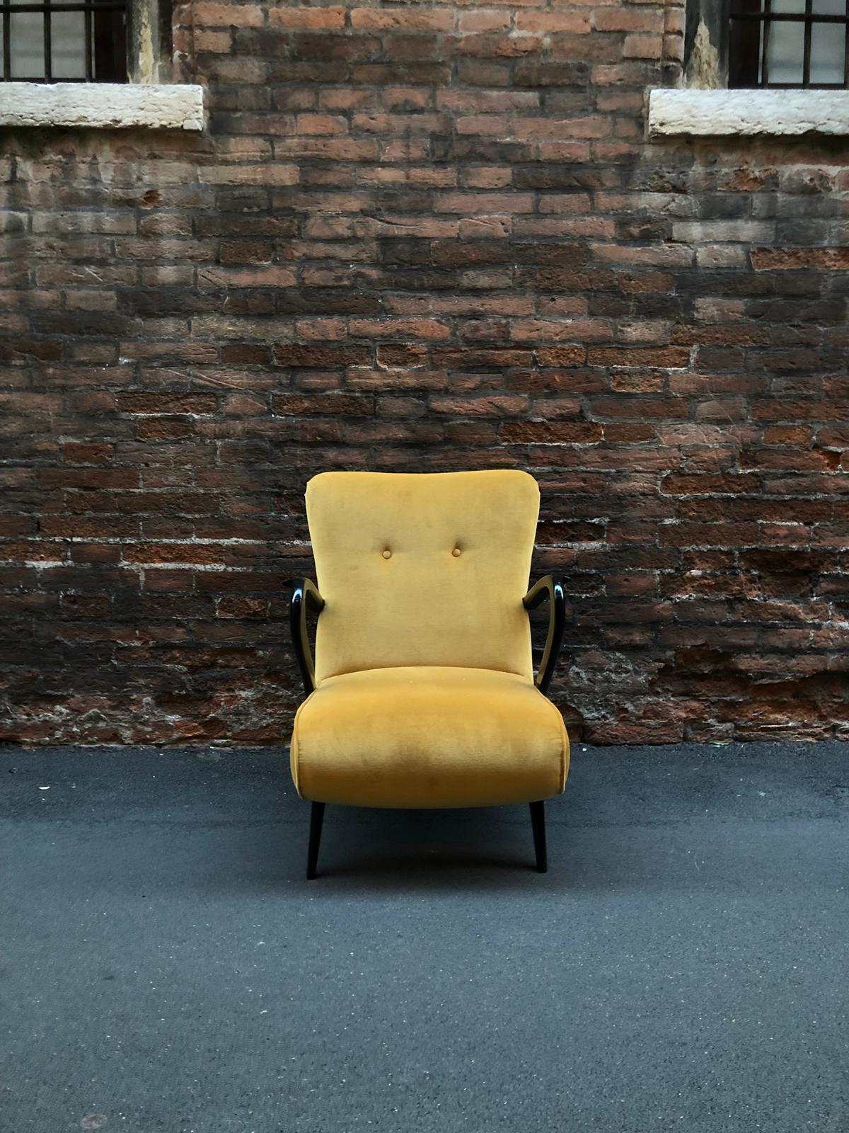 Mid-Century Modern Midcentury Italian Yellow Velvet Black Wood Armrests Armchairs