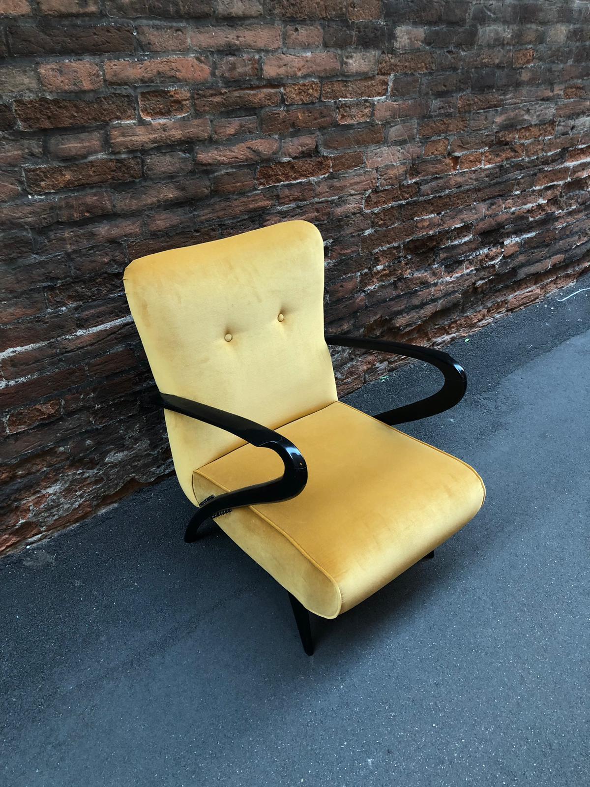 20th Century Midcentury Italian Yellow Velvet Black Wood Armrests Armchairs