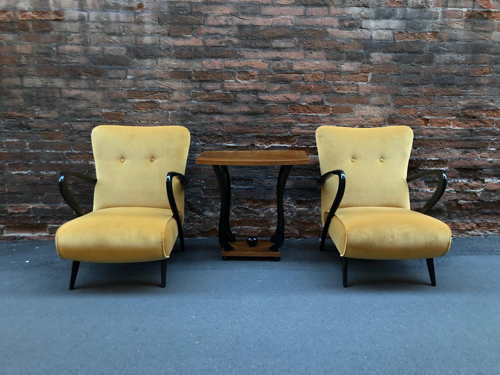 Midcentury Italian Yellow Velvet Black Wood Armrests Armchairs 2