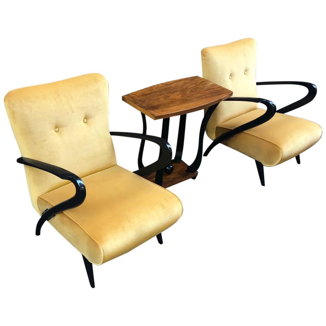 Midcentury Italian Yellow Velvet Black Wood Armrests Armchairs