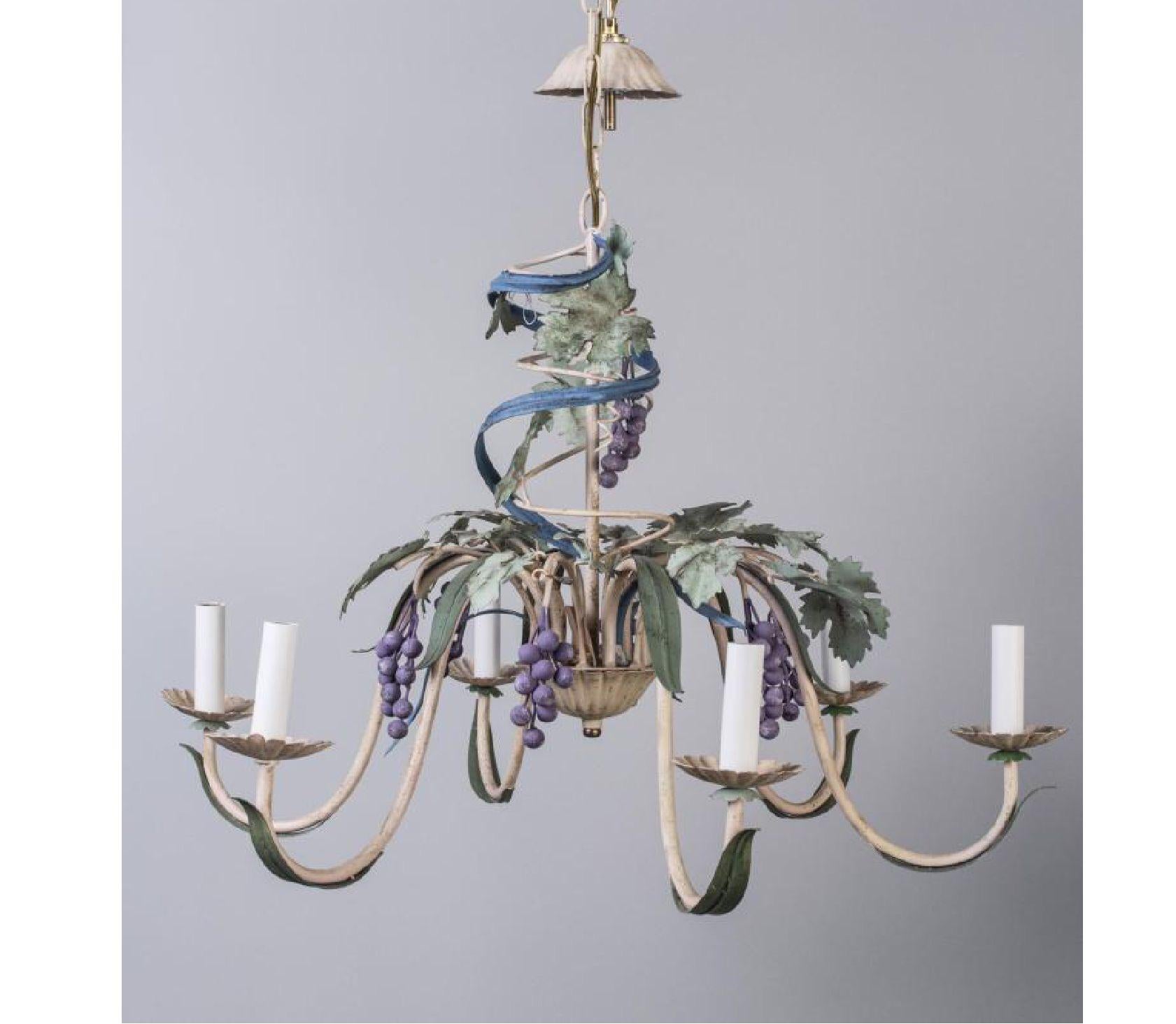 Mid-Century Modern Midcentury Italianate Tuscan Toleware Grapevine Six-Arm Chandelier Polychromed