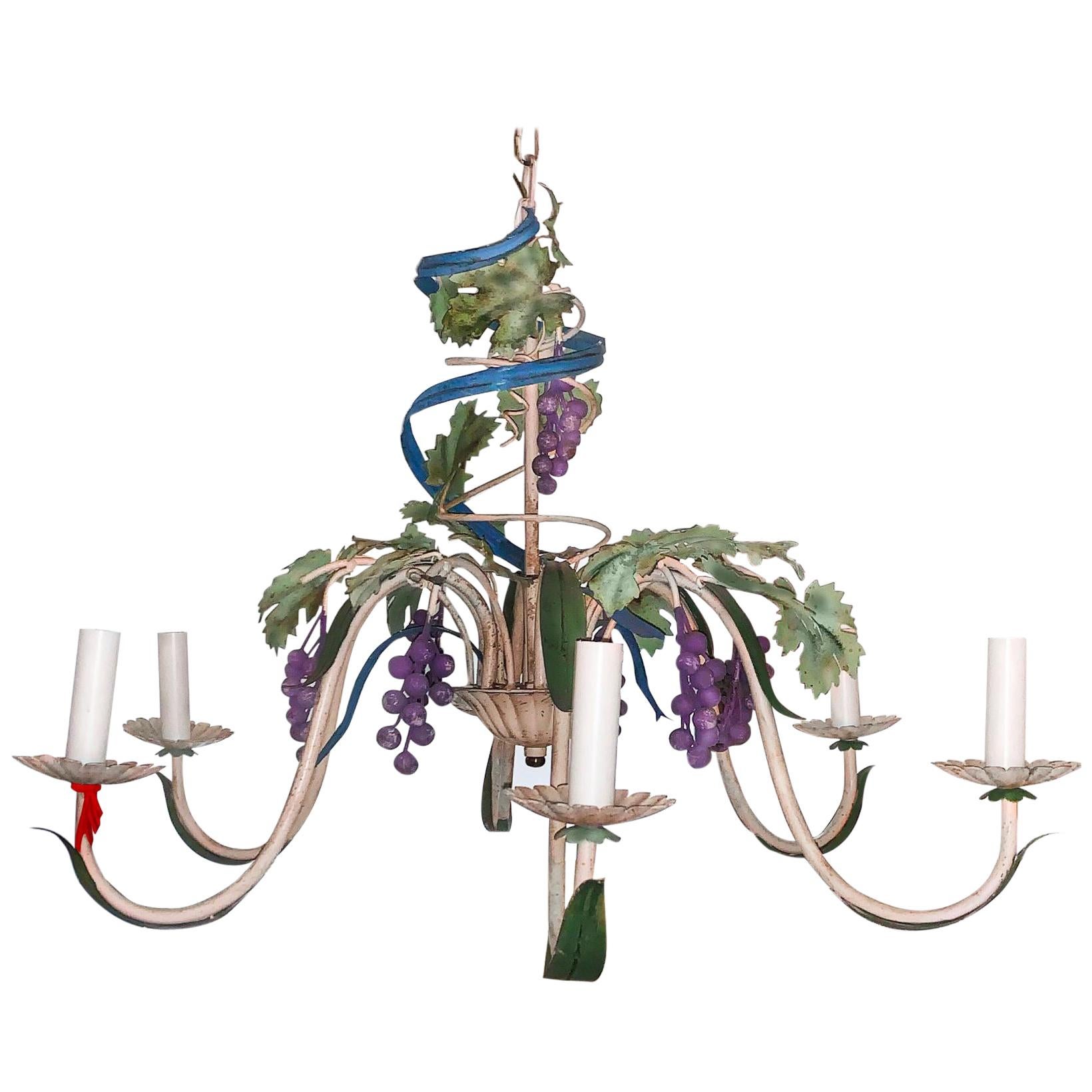 Midcentury Italianate Tuscan Toleware Grapevine Six-Arm Chandelier Polychromed