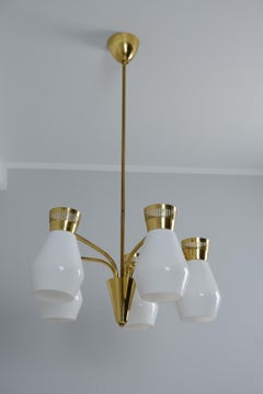 Mid-Century Itsu Ceiling Lamp Model ER 103/5 in Brass & Opaline, Finland 1950s