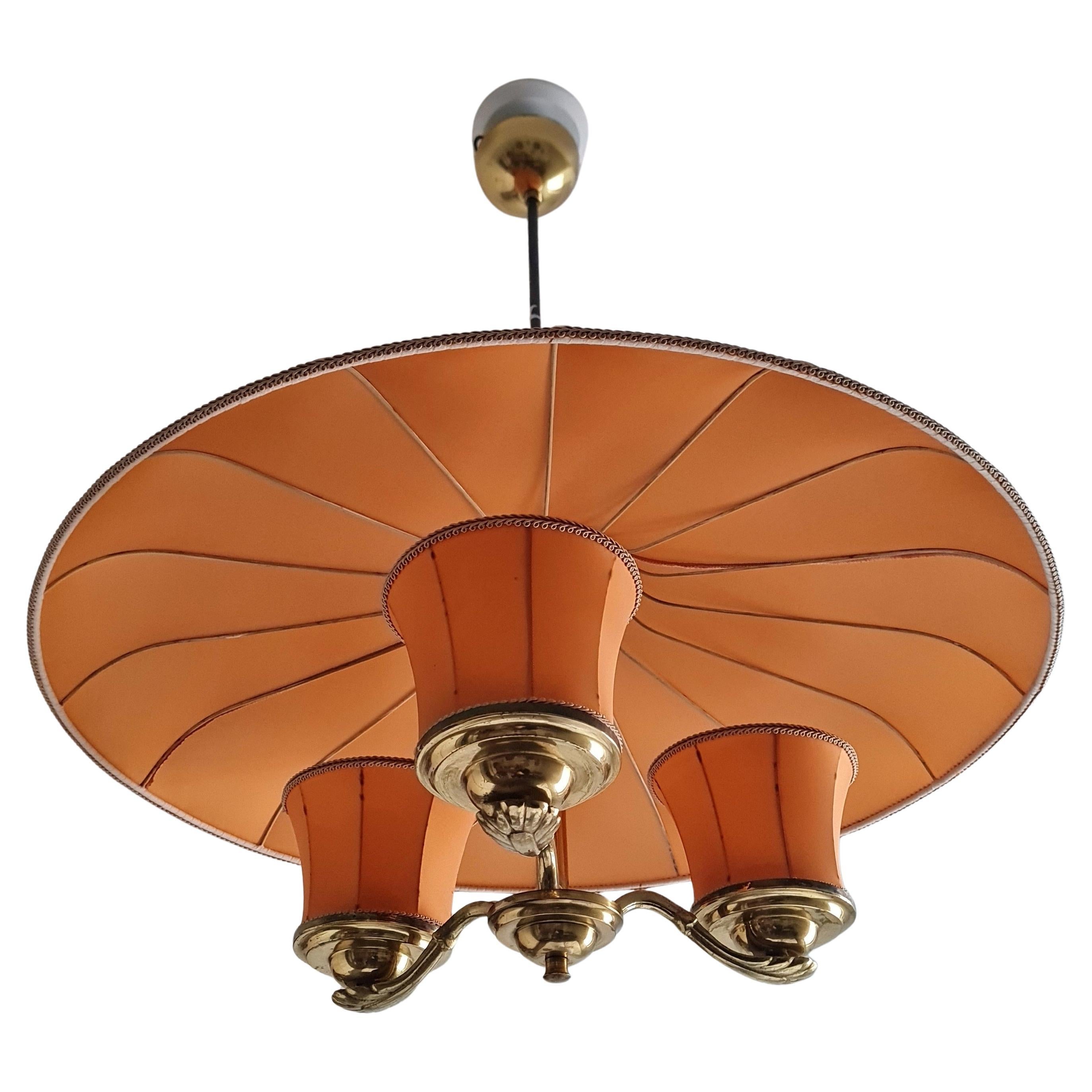 Mid-Century Itsu Ceiling Pendant Model ER 62/3 in Brass & Fabric, Finland 1950s