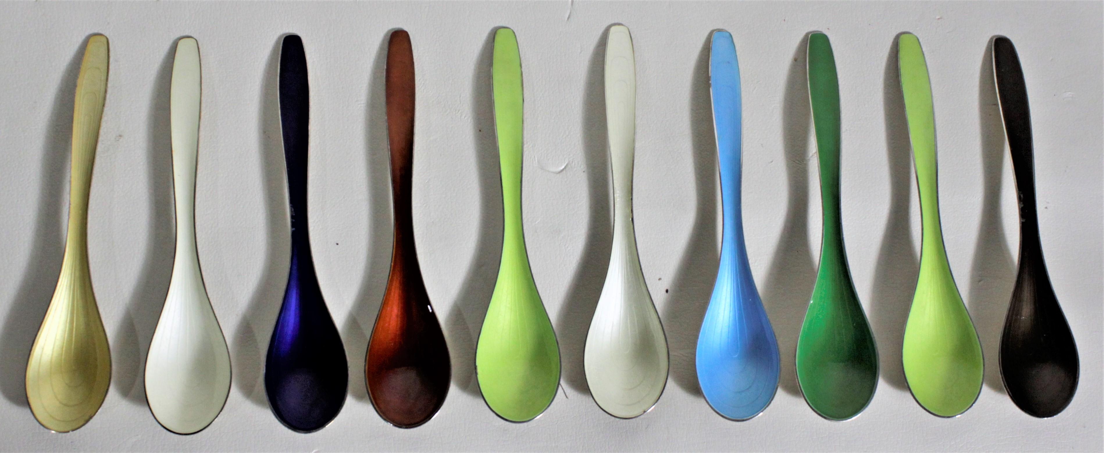 Norwegian Mid-Century J. Tostrup Norway Sterling Silver and Enamel Serving Spoons & Dishes