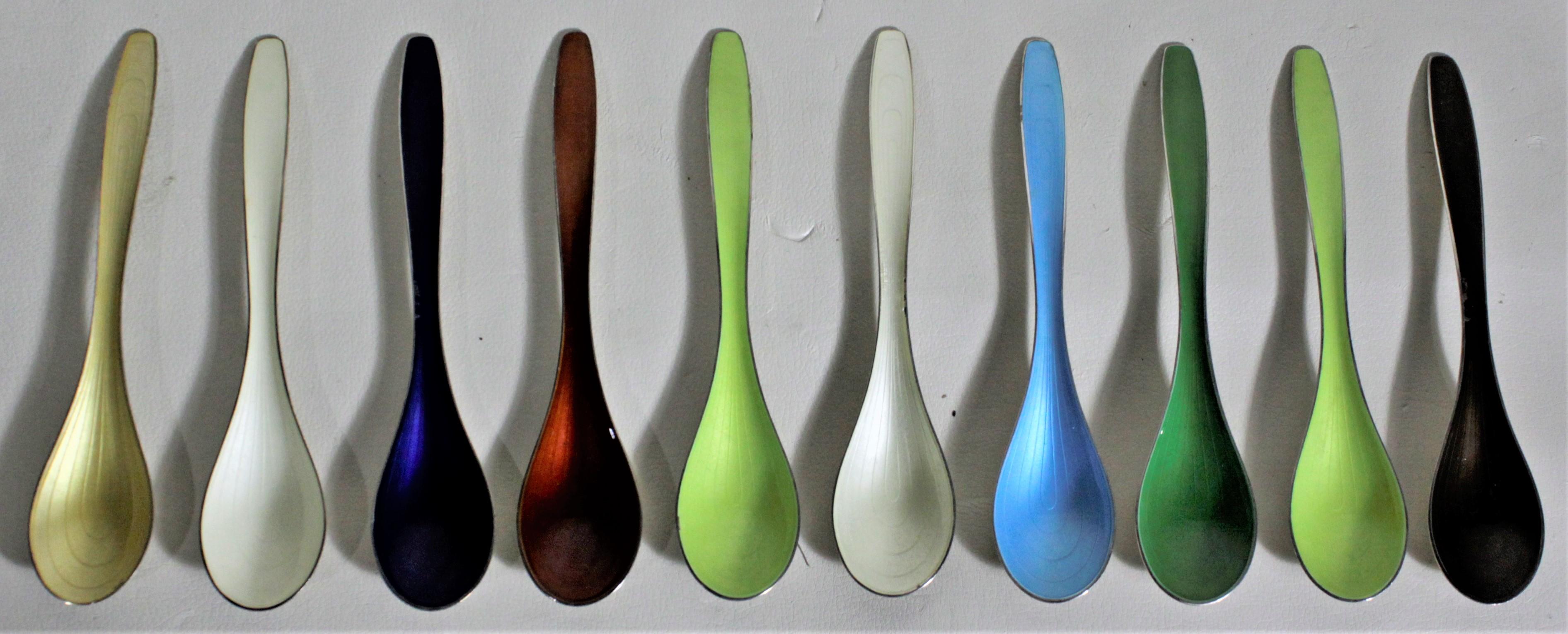 Enameled Mid-Century J. Tostrup Norway Sterling Silver and Enamel Serving Spoons & Dishes