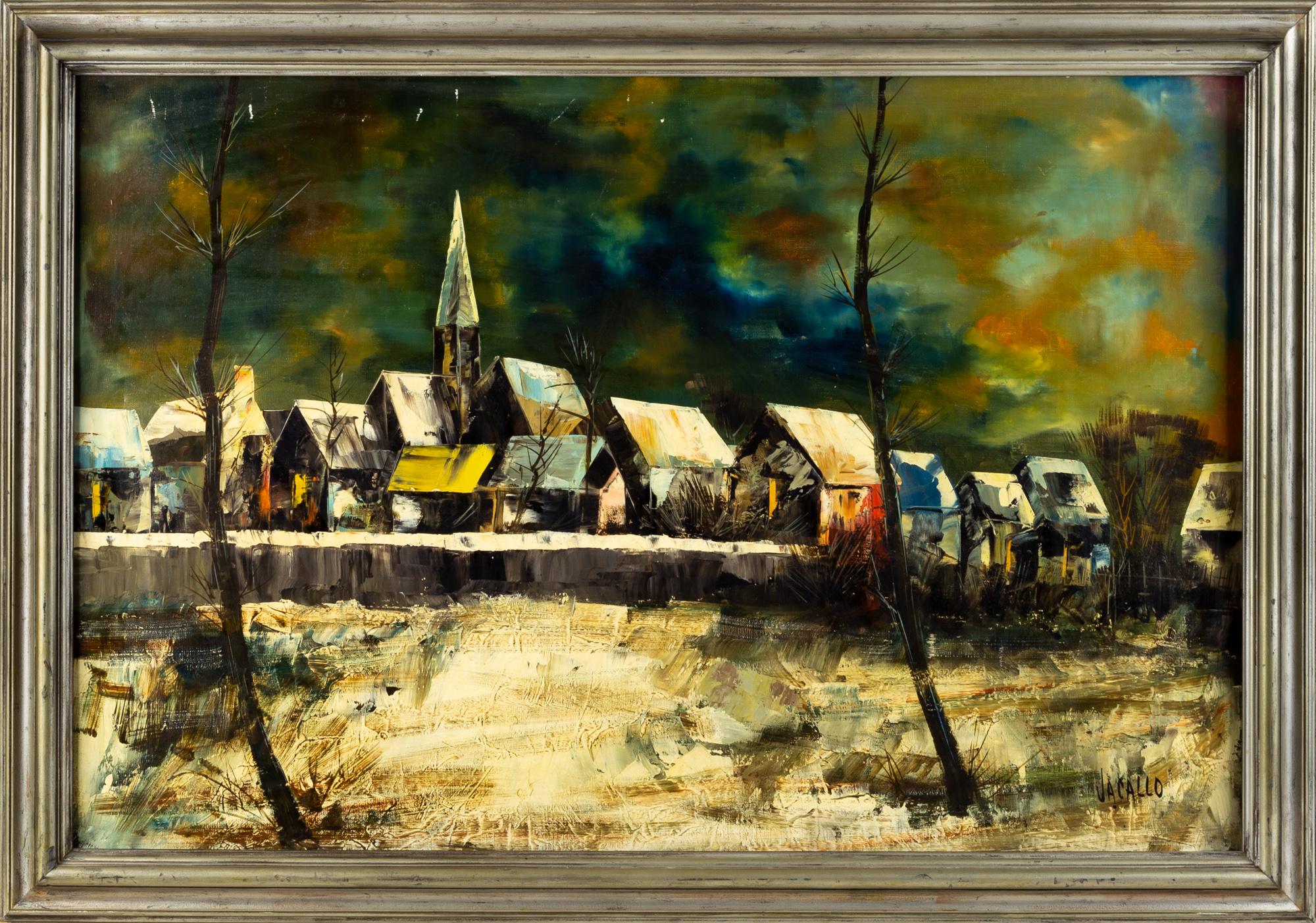 Mid century Jacallo 'Architectural Landscape' Signed oil on canvas painting

This piece measures: 40.25 wide x 1.75 deep x 28.5 inches high

This Painting is in Excellent Vintage Condition.

Each piece is carefully cleaned and packaged before