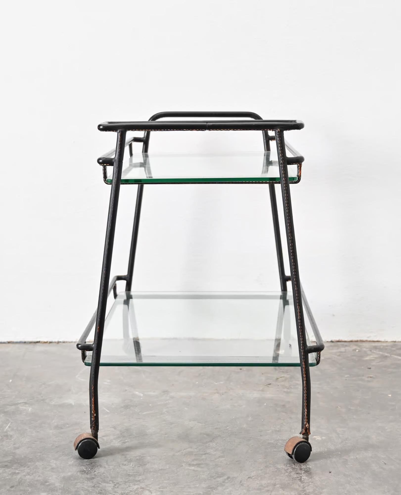 Mid century Jacques Adnet bar trolley In Good Condition For Sale In Henley-on Thames, Oxfordshire