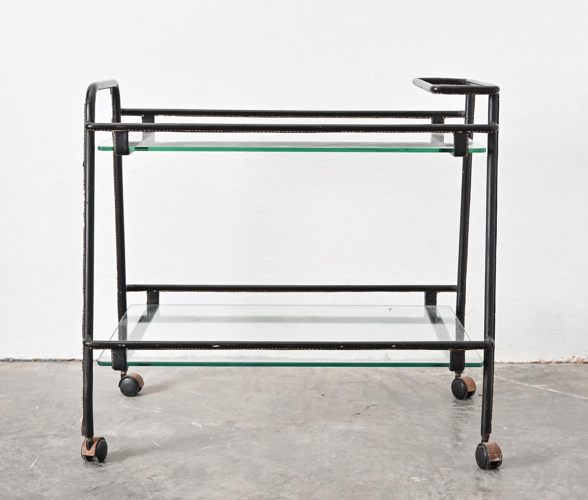 Steel Mid century Jacques Adnet bar trolley For Sale