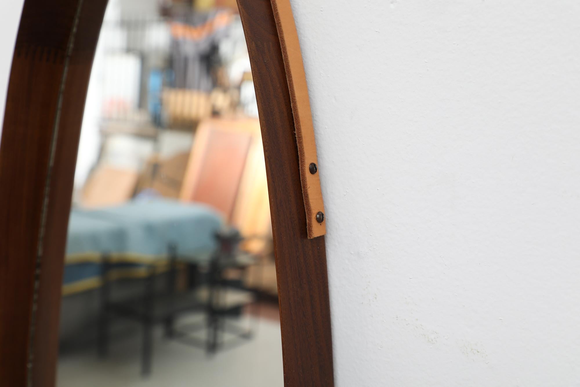 Mid-Century Jacques Adnet Inspired Oval Italian Teak Mirror with Leather Strap For Sale 5
