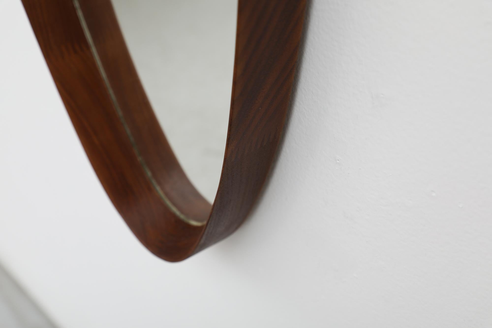 Mid-Century Jacques Adnet Inspired Oval Italian Teak Mirror with Leather Strap For Sale 6