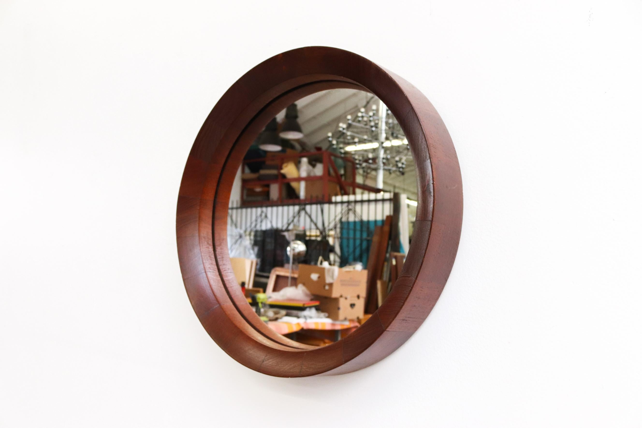 Mid-Century Modern Mid-Century Jacques Adnet Inspired Round Teak Mirror For Sale