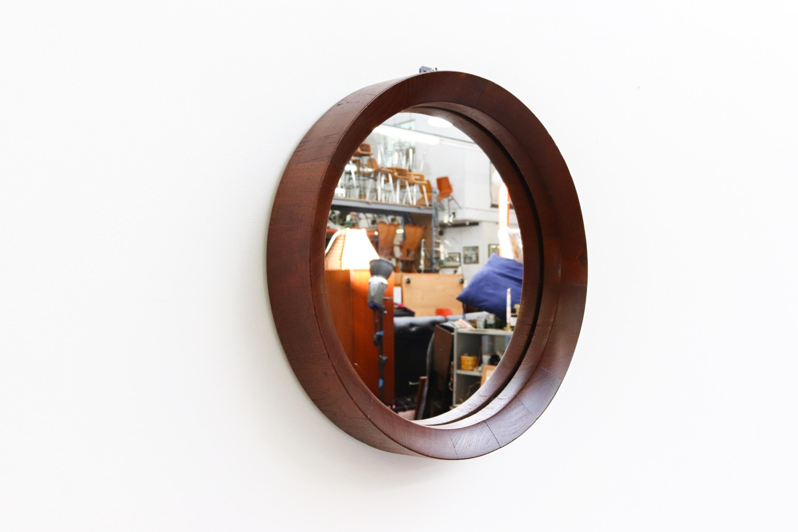 Mid-Century Jacques Adnet Inspired Round Teak Mirror For Sale 3