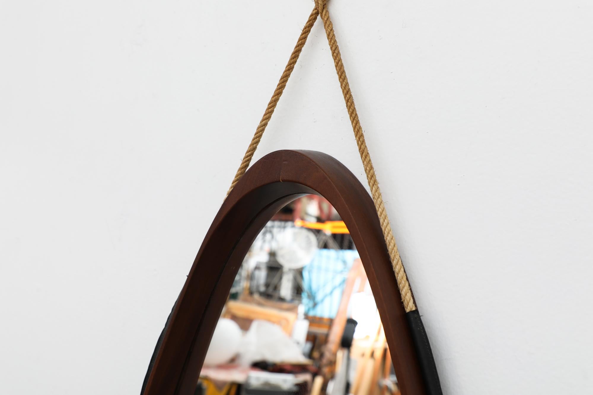 Mid-Century Jacques Adnet Inspired Teak Mirror with Rope Strap For Sale 4