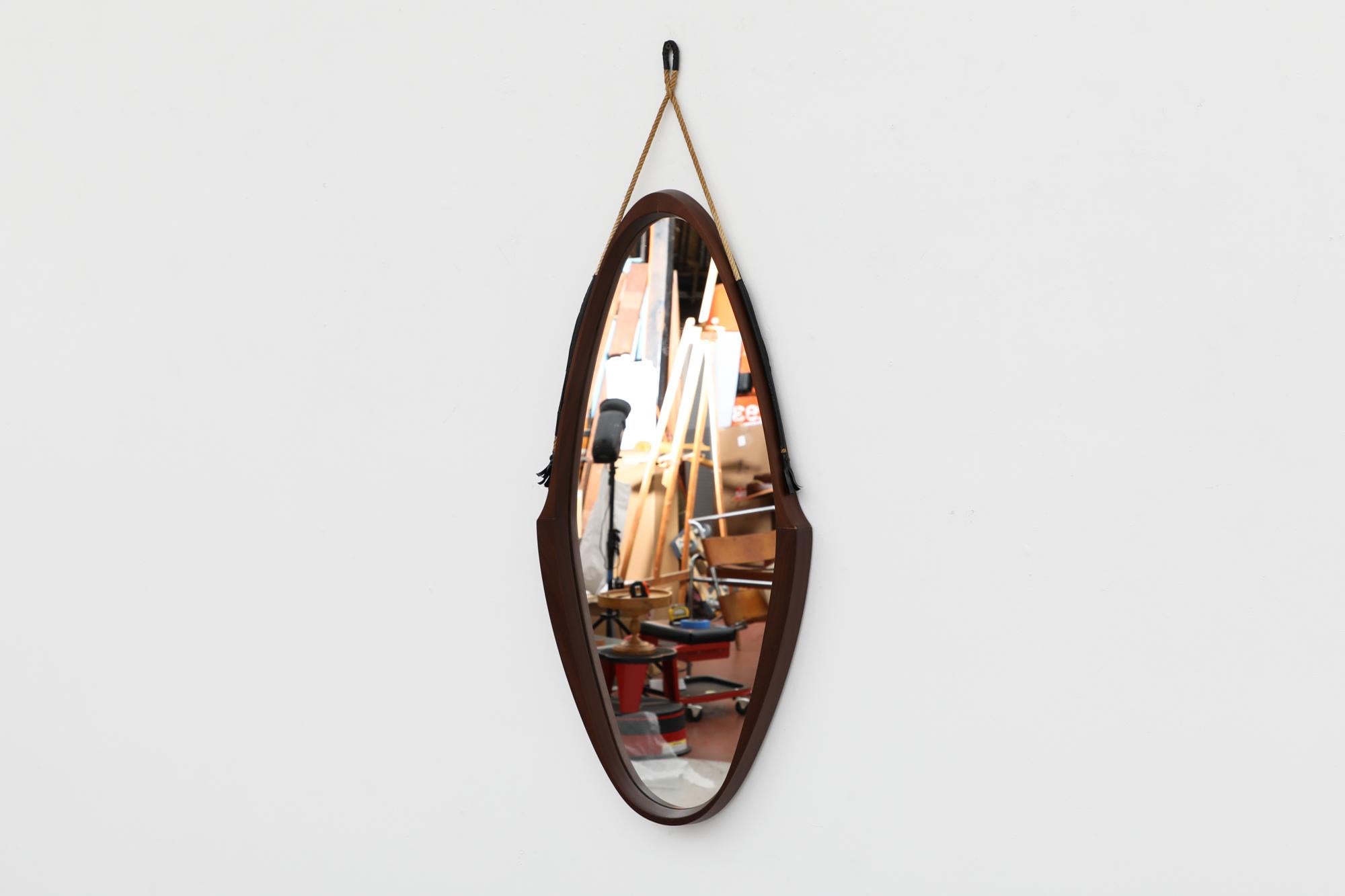 Italian Mid-Century Jacques Adnet Inspired Teak Mirror with Rope Strap For Sale