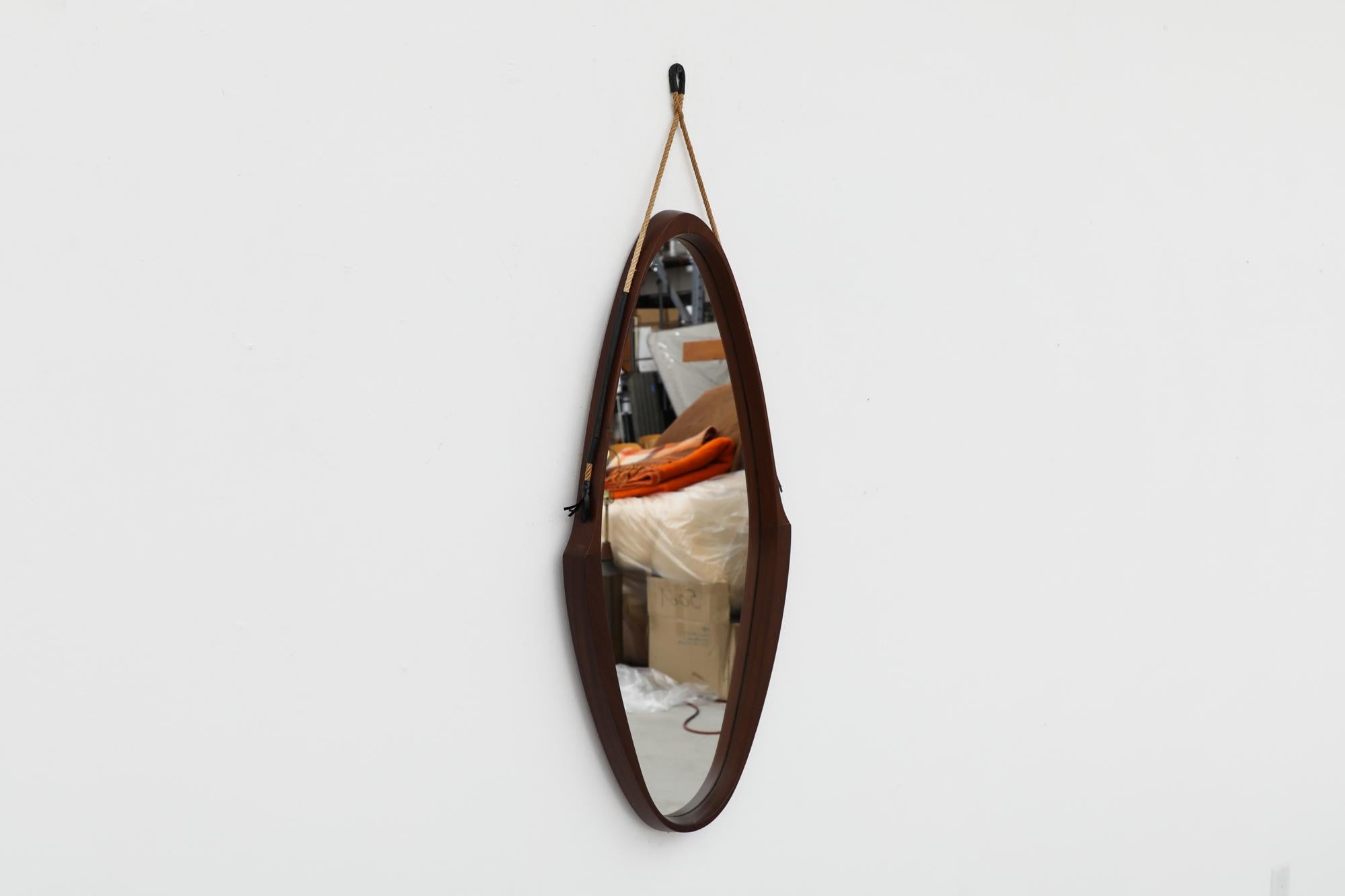 Mid-20th Century Mid-Century Jacques Adnet Inspired Teak Mirror with Rope Strap For Sale