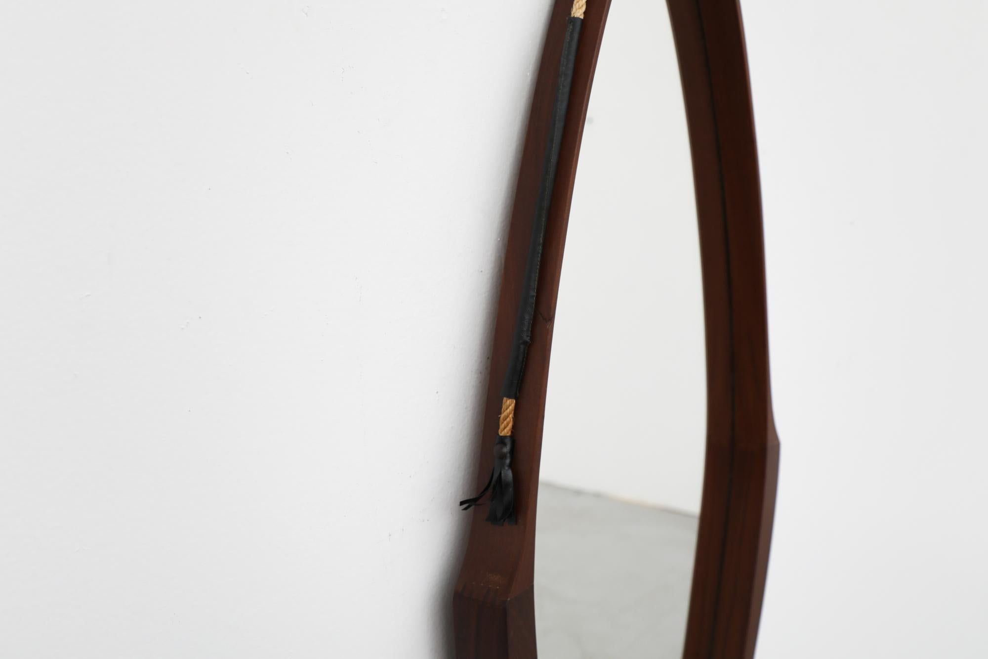 Faux Leather Mid-Century Jacques Adnet Inspired Teak Mirror with Rope Strap For Sale