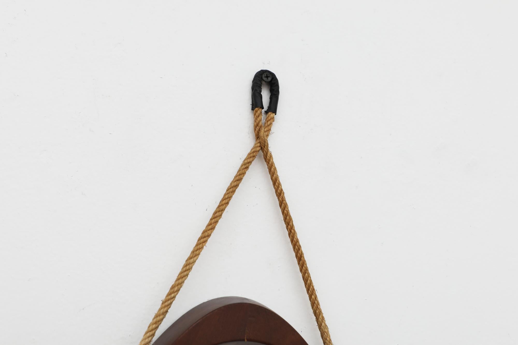 Mid-Century Jacques Adnet Inspired Teak Mirror with Rope Strap For Sale 1