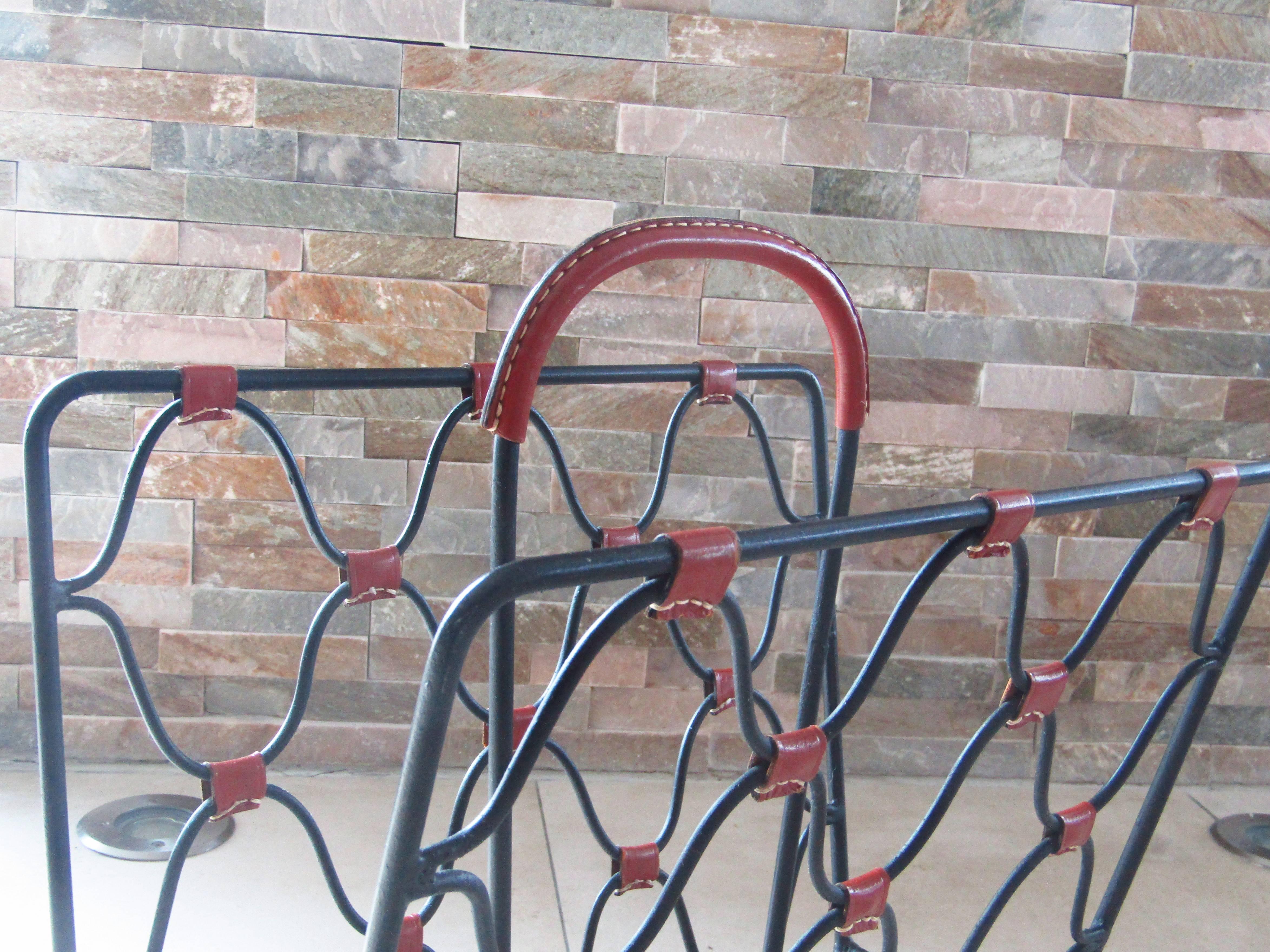 Mid-Century Modern Midcentury Jacques Adnet Iron and Leather Magazine Rack