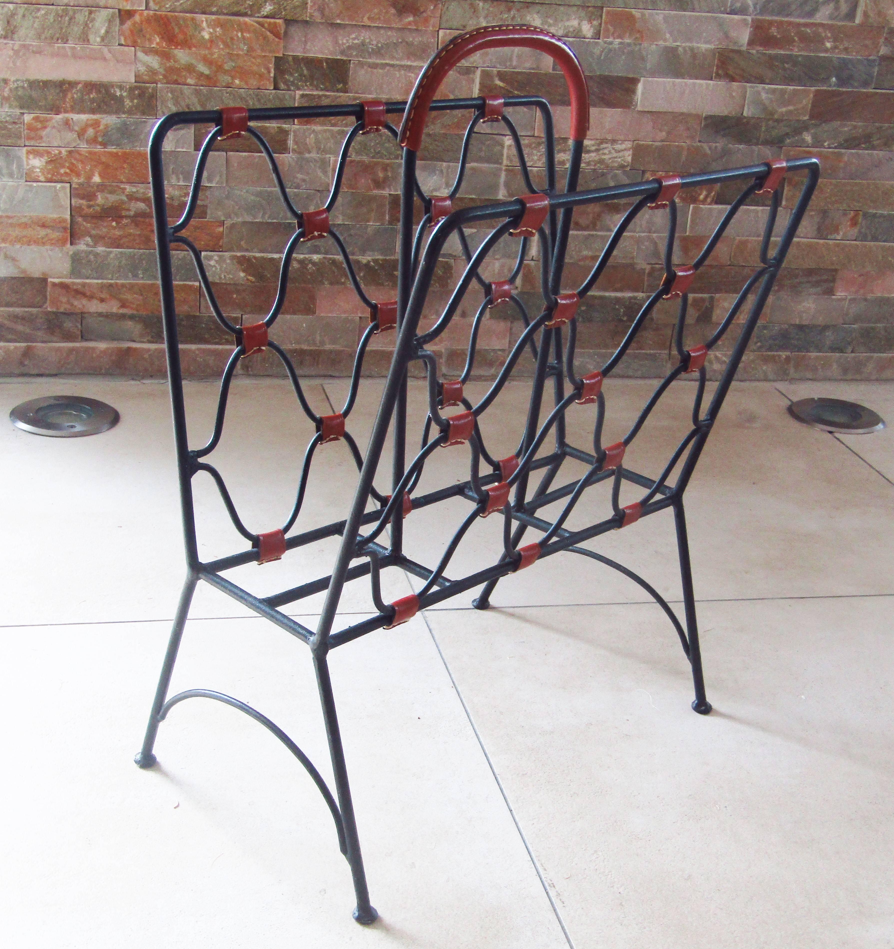 French Midcentury Jacques Adnet Iron and Leather Magazine Rack