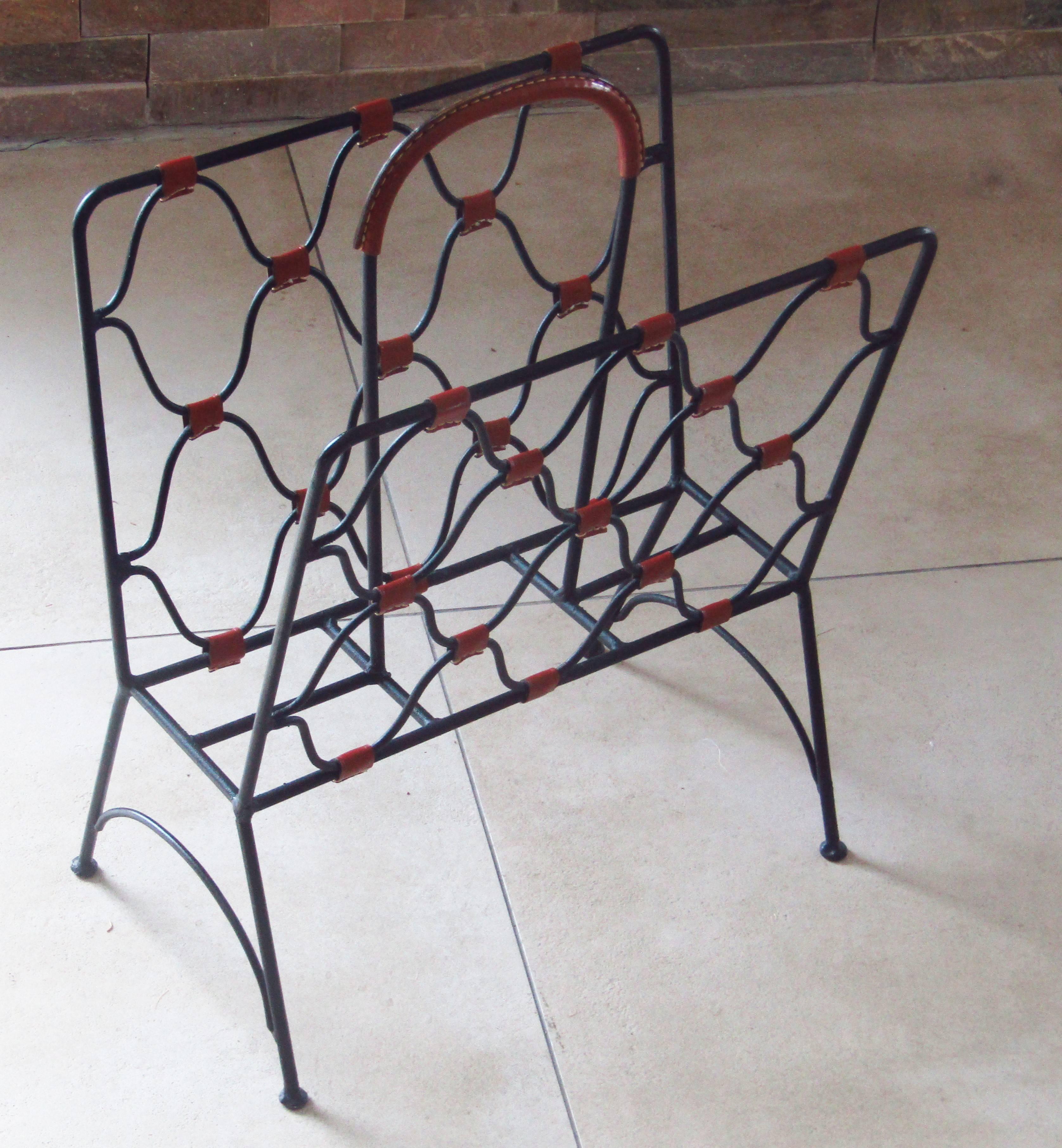 Mid-20th Century Midcentury Jacques Adnet Iron and Leather Magazine Rack