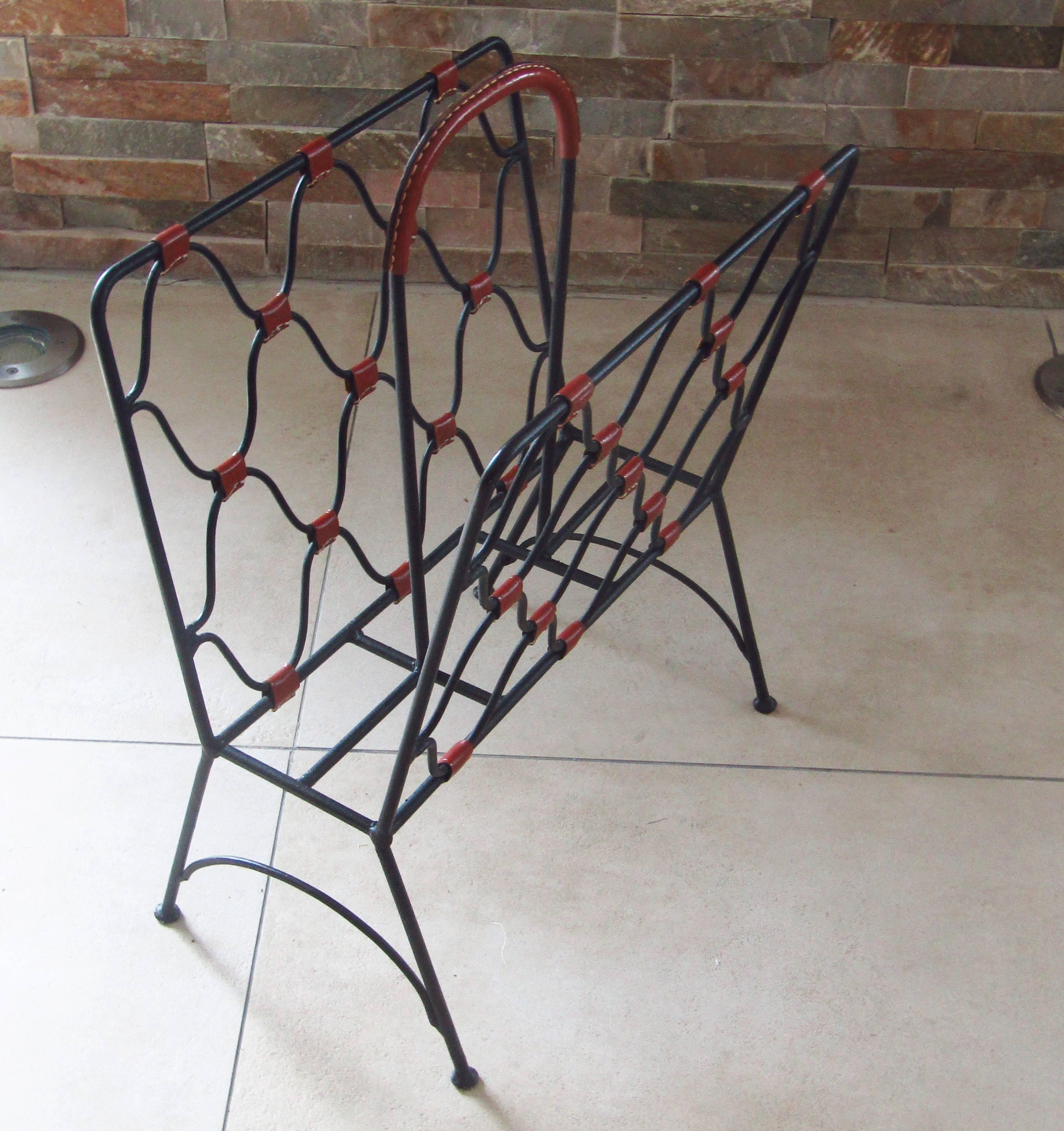Wrought Iron Midcentury Jacques Adnet Iron and Leather Magazine Rack