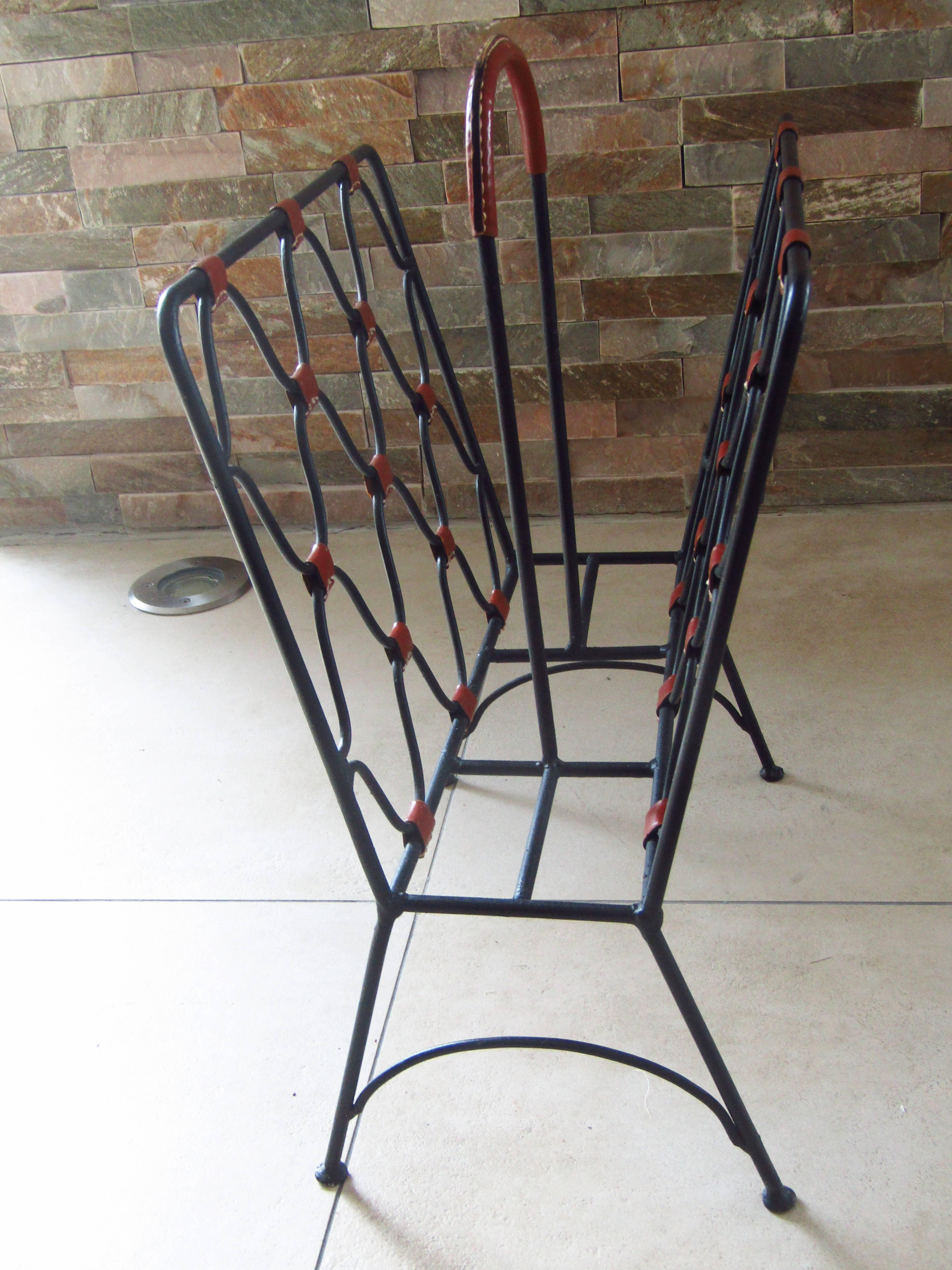 Midcentury Jacques Adnet Iron and Leather Magazine Rack 1