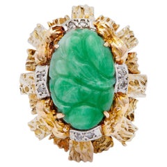 Midcentury Jade and Diamond 14k Yellow Gold Cocktail Ring