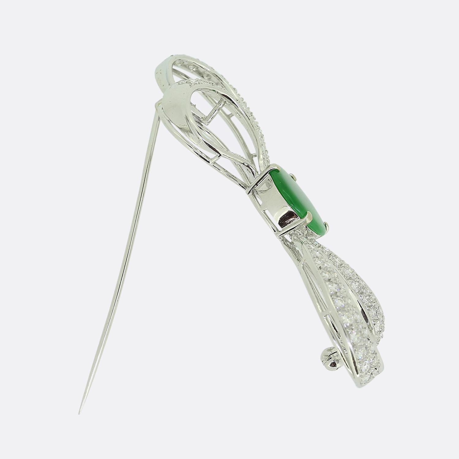 Brilliant Cut Mid-Century Jade and Diamond Brooch For Sale