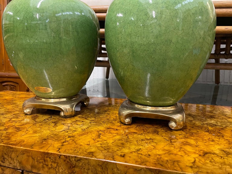 Mid Century Jade Ginger Jar Table Lamps on Brass Base, a Pair at 1stDibs