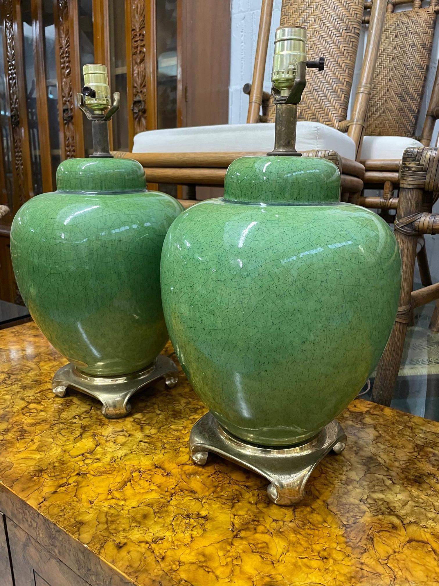 Mid Century Jade Ginger Jar Table Lamps on Brass Base, a Pair In Good Condition In Jacksonville, FL
