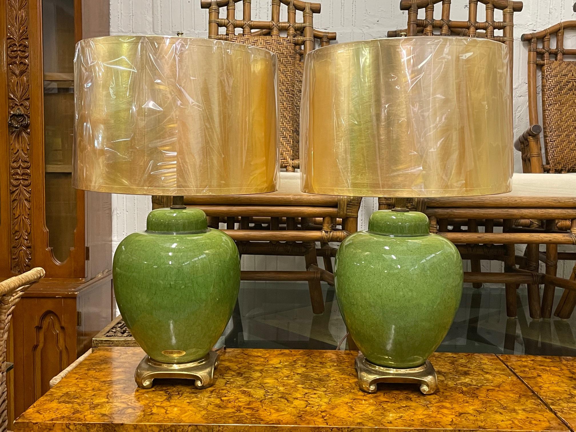 Late 20th Century Mid Century Jade Ginger Jar Table Lamps on Brass Base, a Pair