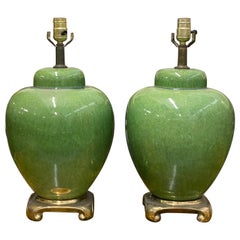 Retro Mid Century Jade Ginger Jar Table Lamps on Brass Base, a Pair