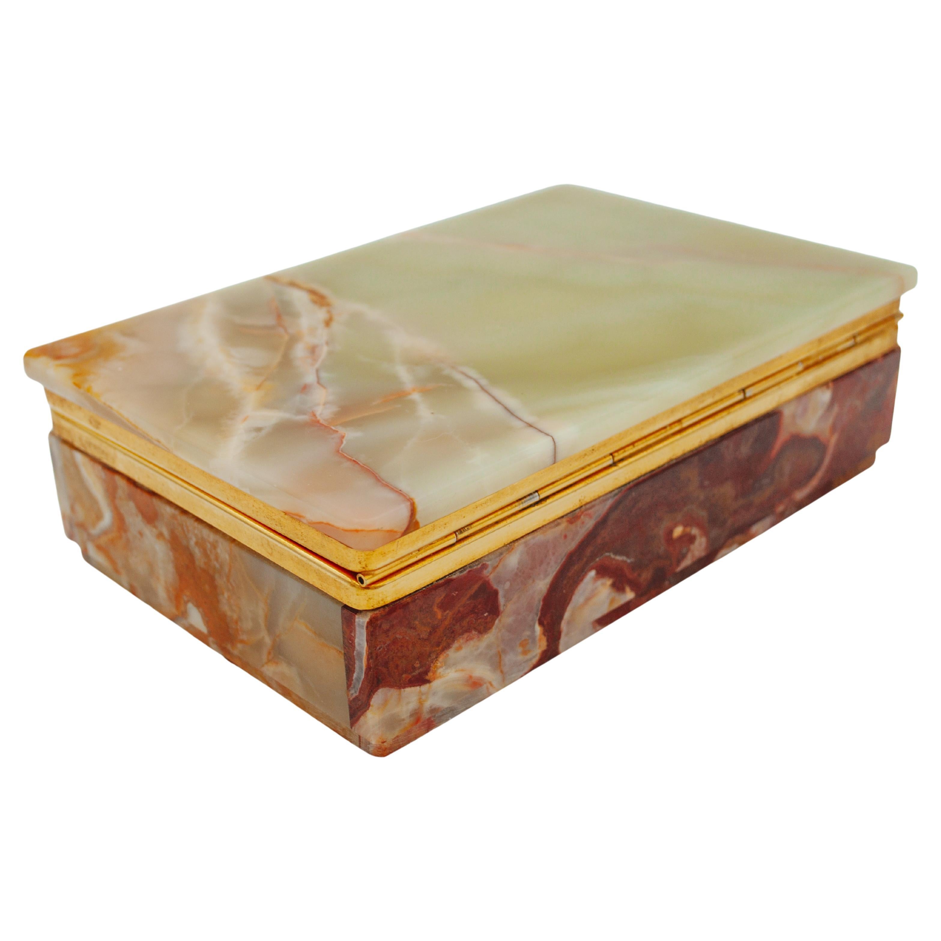 Scatola decorativa in ottone con marmo e onice verde giada di metà secolo, Italia, anni 
60