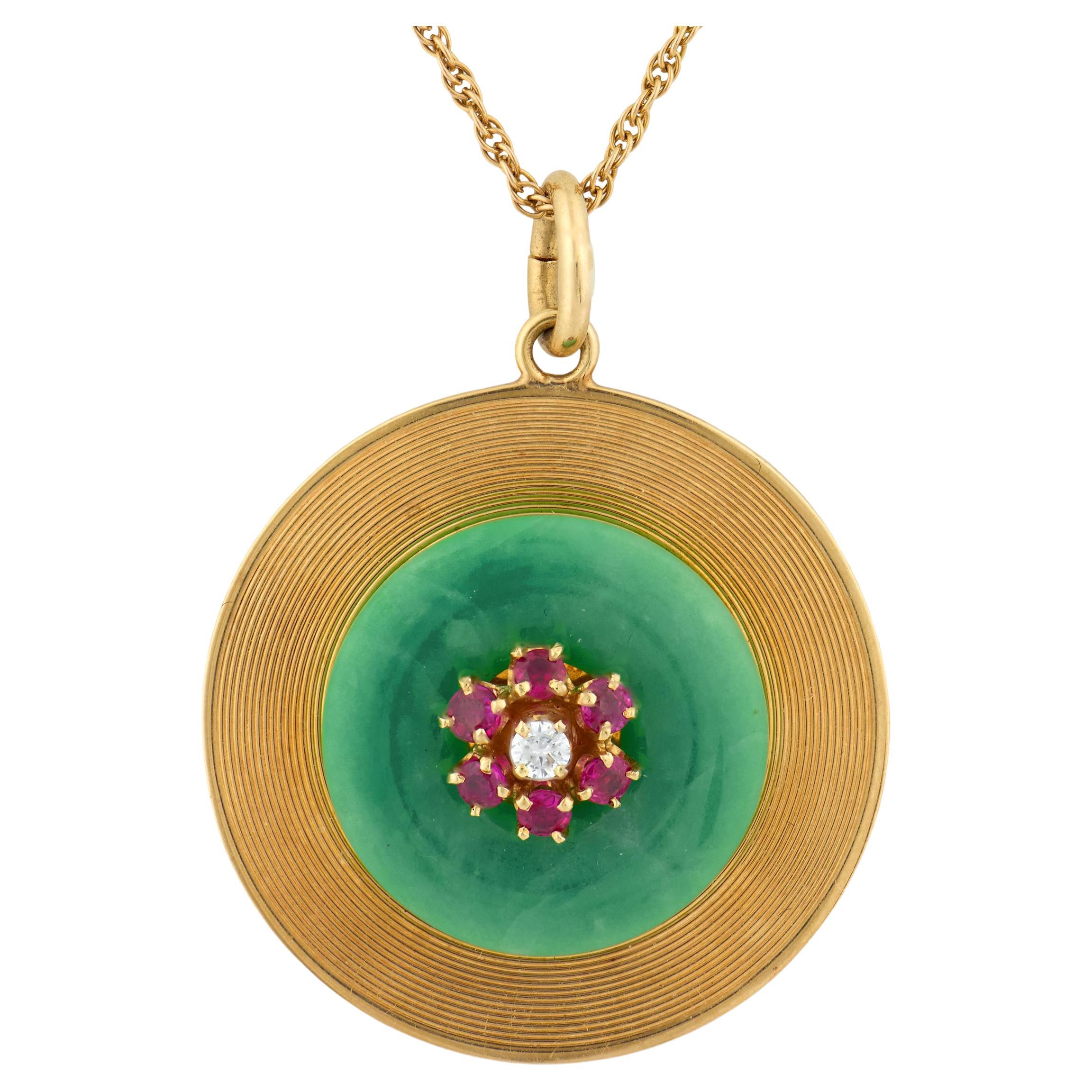 Mid Century jade ruby diamond yellow gold necklace For Sale
