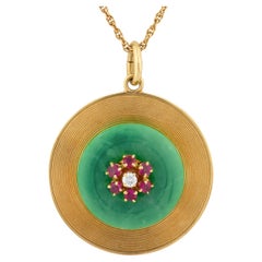 Mid Century jade ruby diamond yellow gold necklace