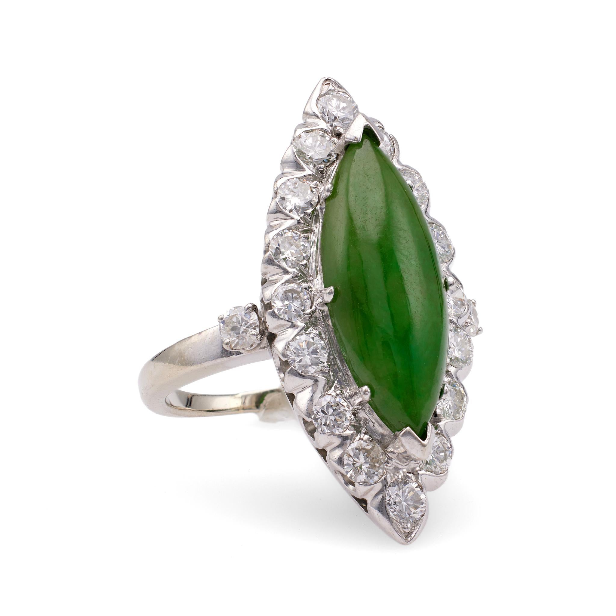 Mid-Century Jadeite Diamond 14k White Gold Navette Ring In Good Condition For Sale In Beverly Hills, CA