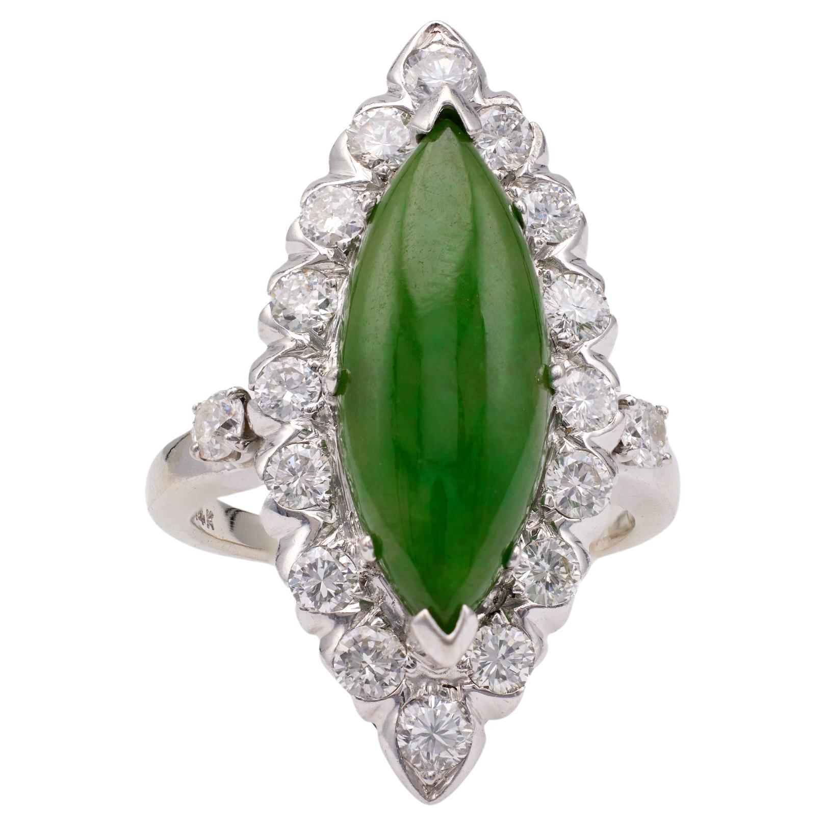 Mid-Century Jadeite Diamond 14k White Gold Navette Ring For Sale