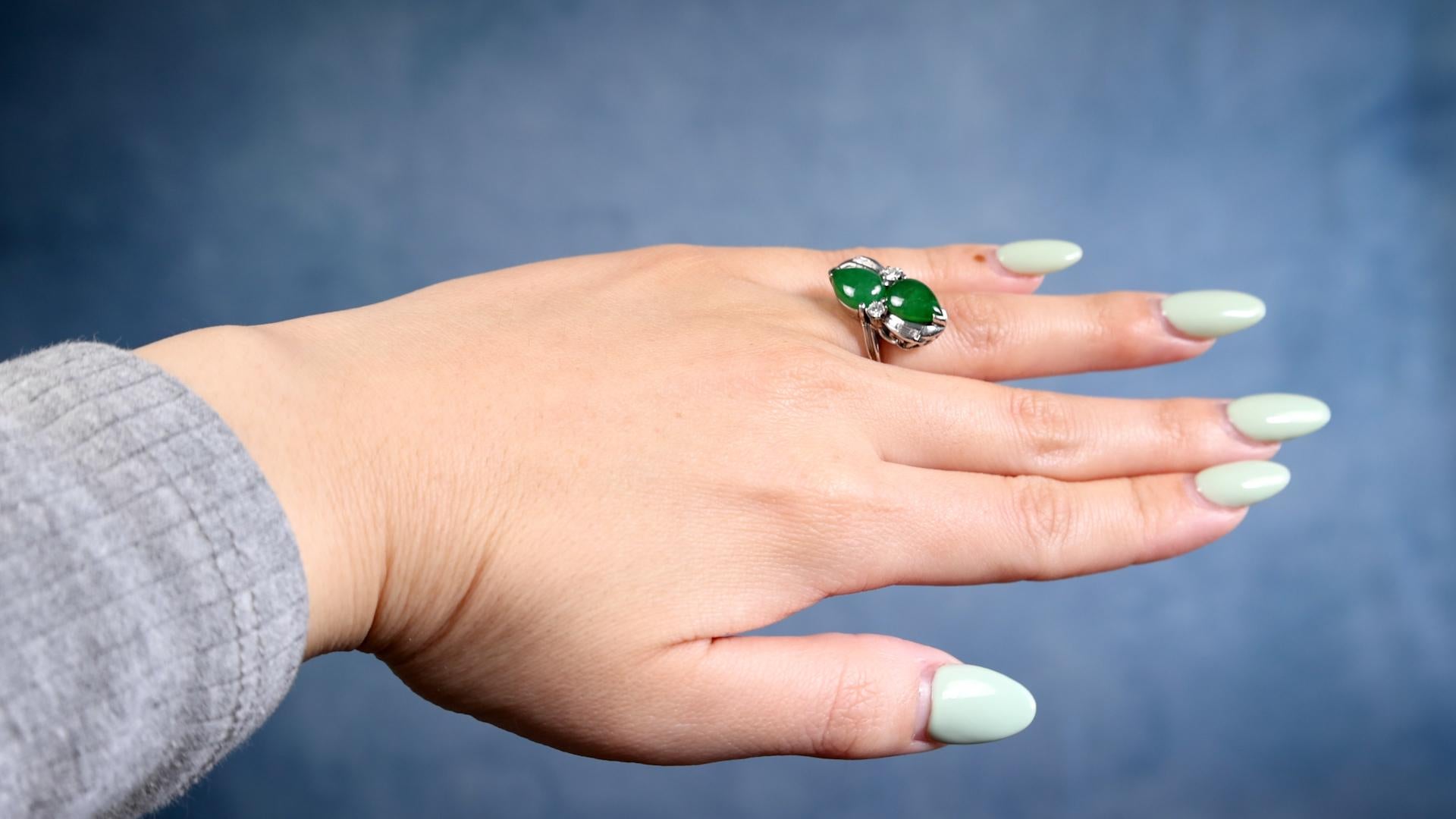 Pear Cut Mid-Century Jadeite Diamond 14k White Gold Toi et Moi Ring For Sale