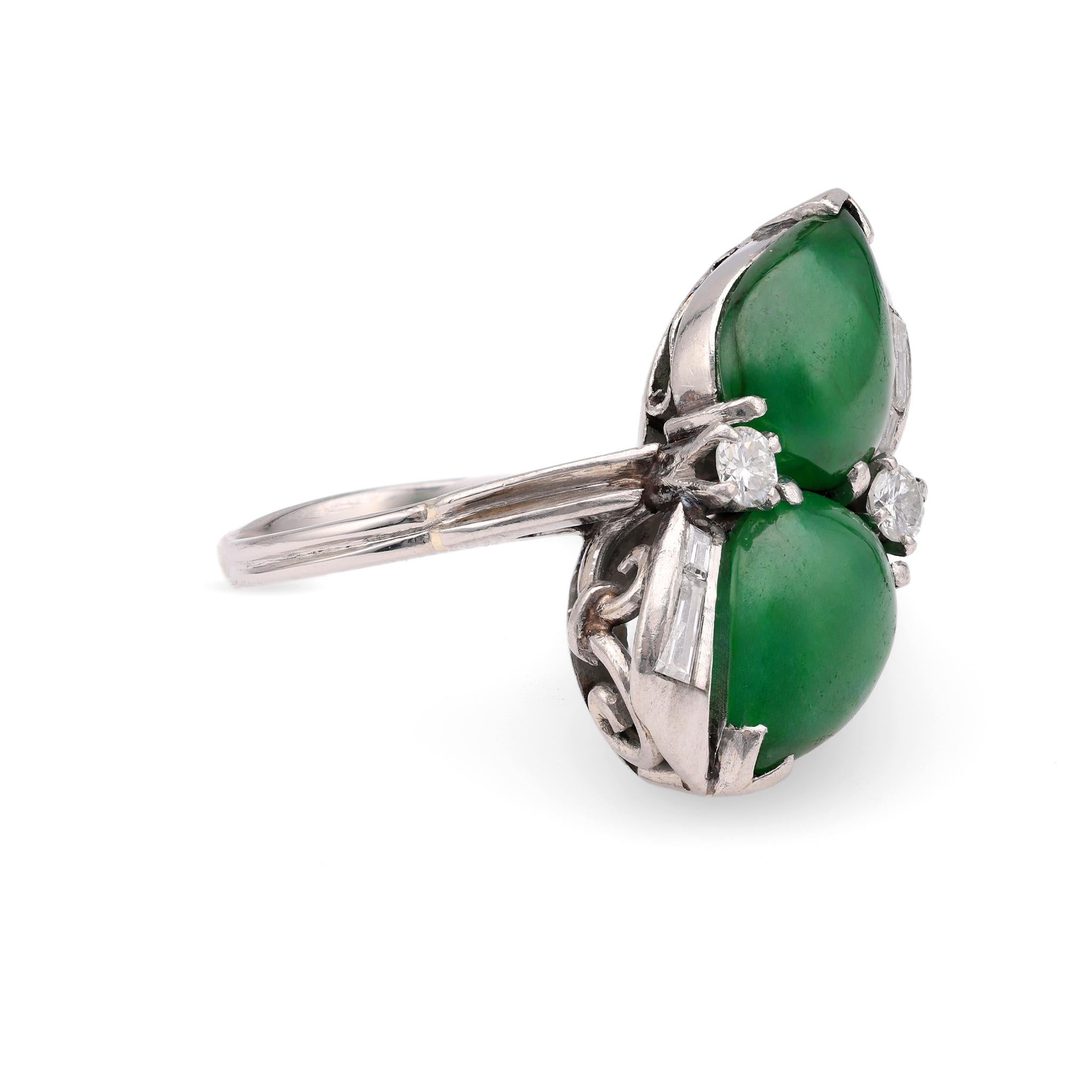 Mid-Century Jadeite Diamond 14k White Gold Toi et Moi Ring In Good Condition For Sale In Beverly Hills, CA