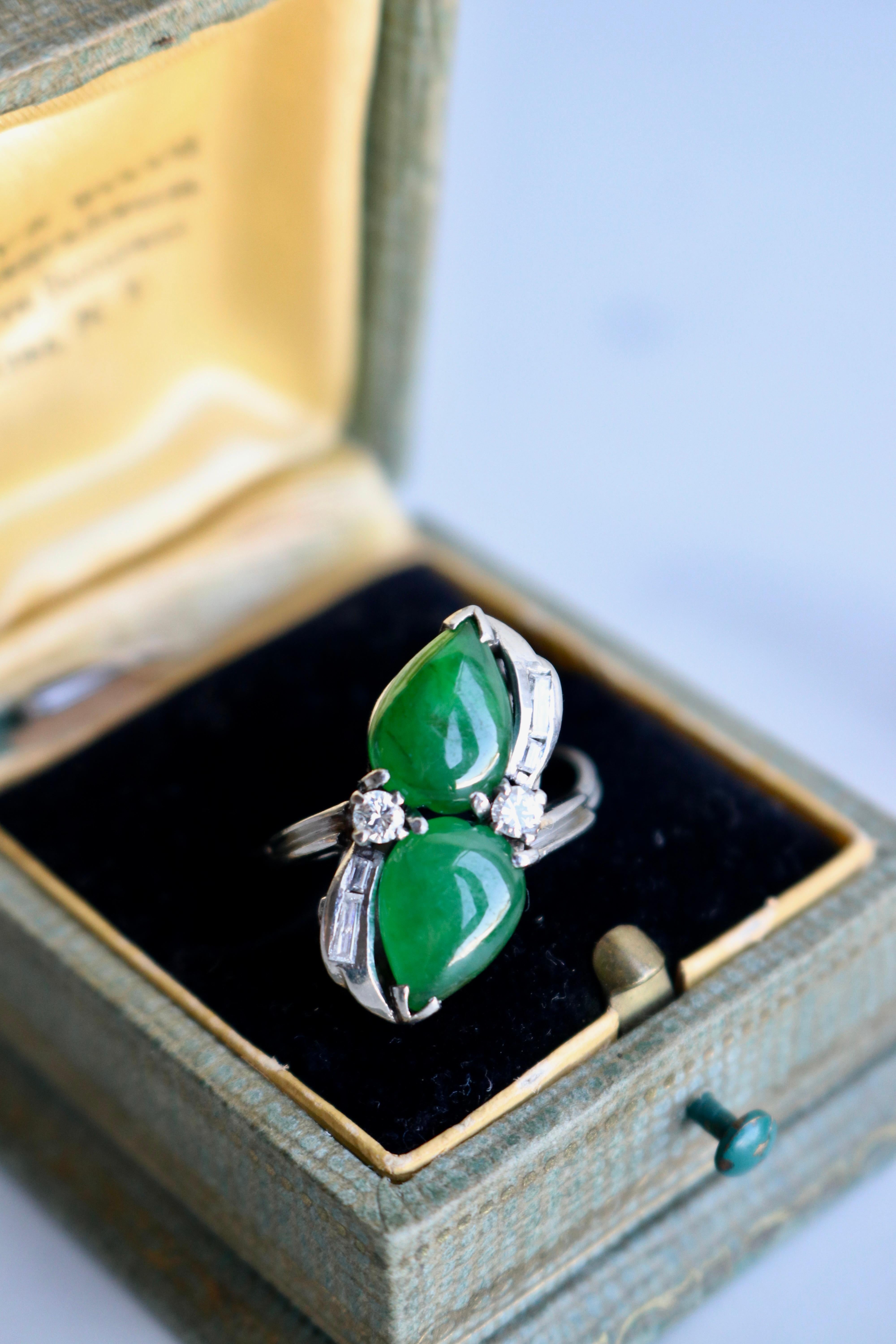 Mid-Century Jadeit Diamant 14k Weißgold Toi et Moi Ring für Damen oder Herren im Angebot