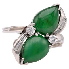 Retro Mid-Century Jadeite Diamond 14k White Gold Toi et Moi Ring